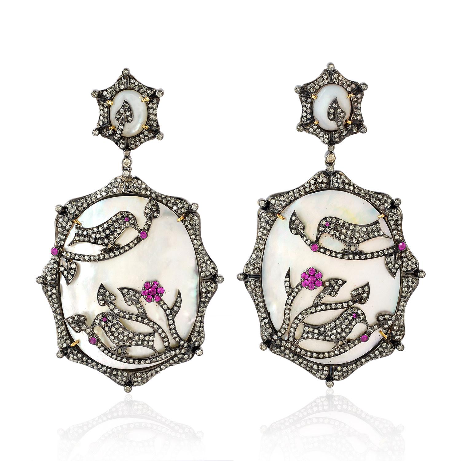 Mother of Pearl Earrings Bird & Flower Pattern In Pave Diamonds & Ruby In New Condition For Sale In New York, NY