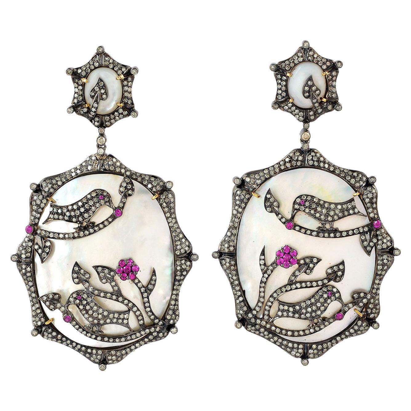 Mother of Pearl Earrings Bird & Flower Pattern In Pave Diamonds & Ruby For Sale