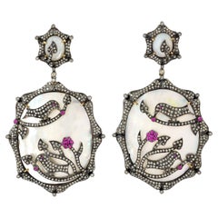Mother of Pearl Earrings Bird & Flower Pattern In Pave Diamonds & Ruby