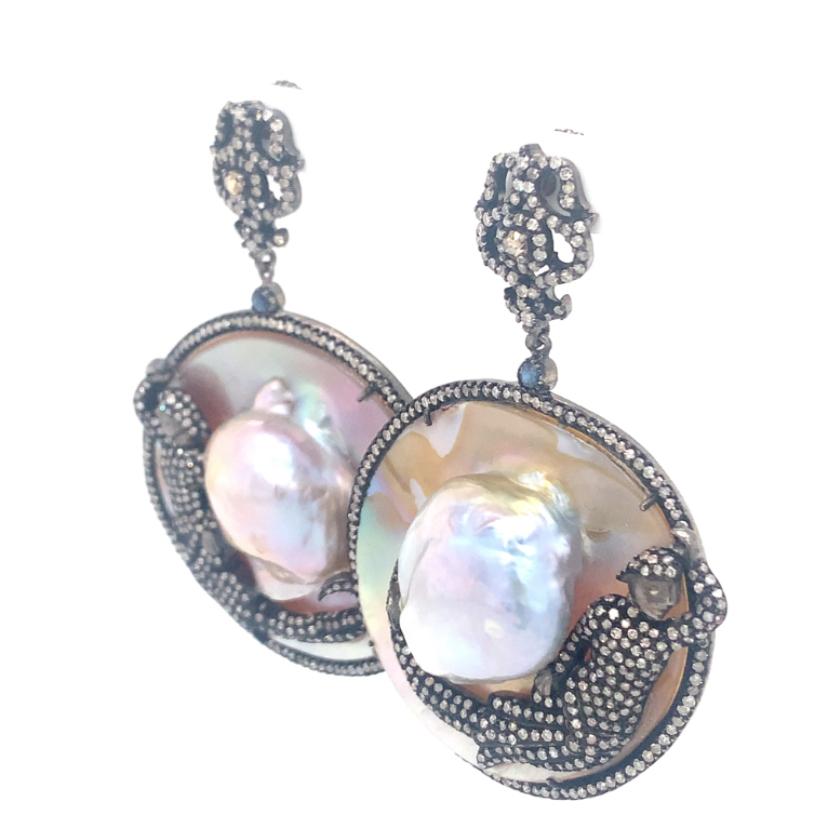 Round Cut Mop, Sapphire & Diamond Earrings set in Sterling Silver For Sale