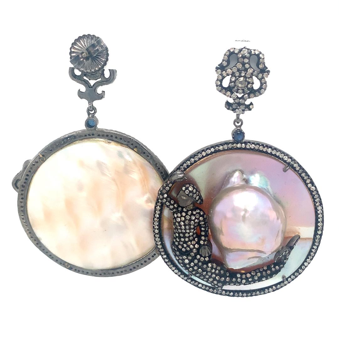 Mop, Sapphire & Diamond Earrings set in Sterling Silver For Sale 1