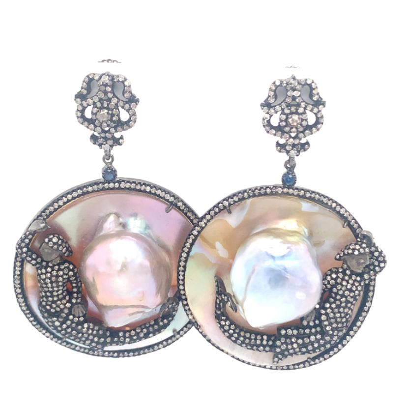 Mop, Sapphire & Diamond Earrings set in Sterling Silver For Sale 2