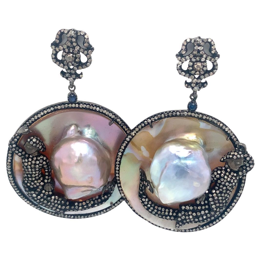 Mop, Sapphire & Diamond Earrings set in Sterling Silver For Sale