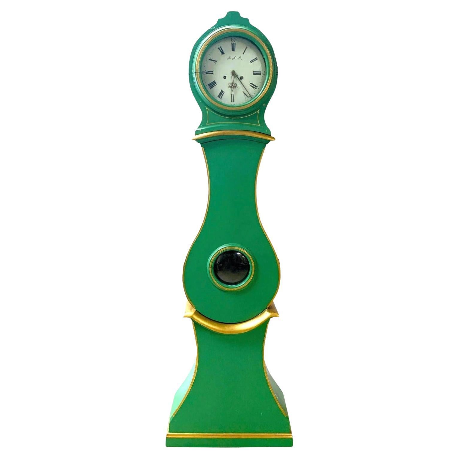 Orologio antico svedese di Mora, verde e oro, stile gustaviano, 1851