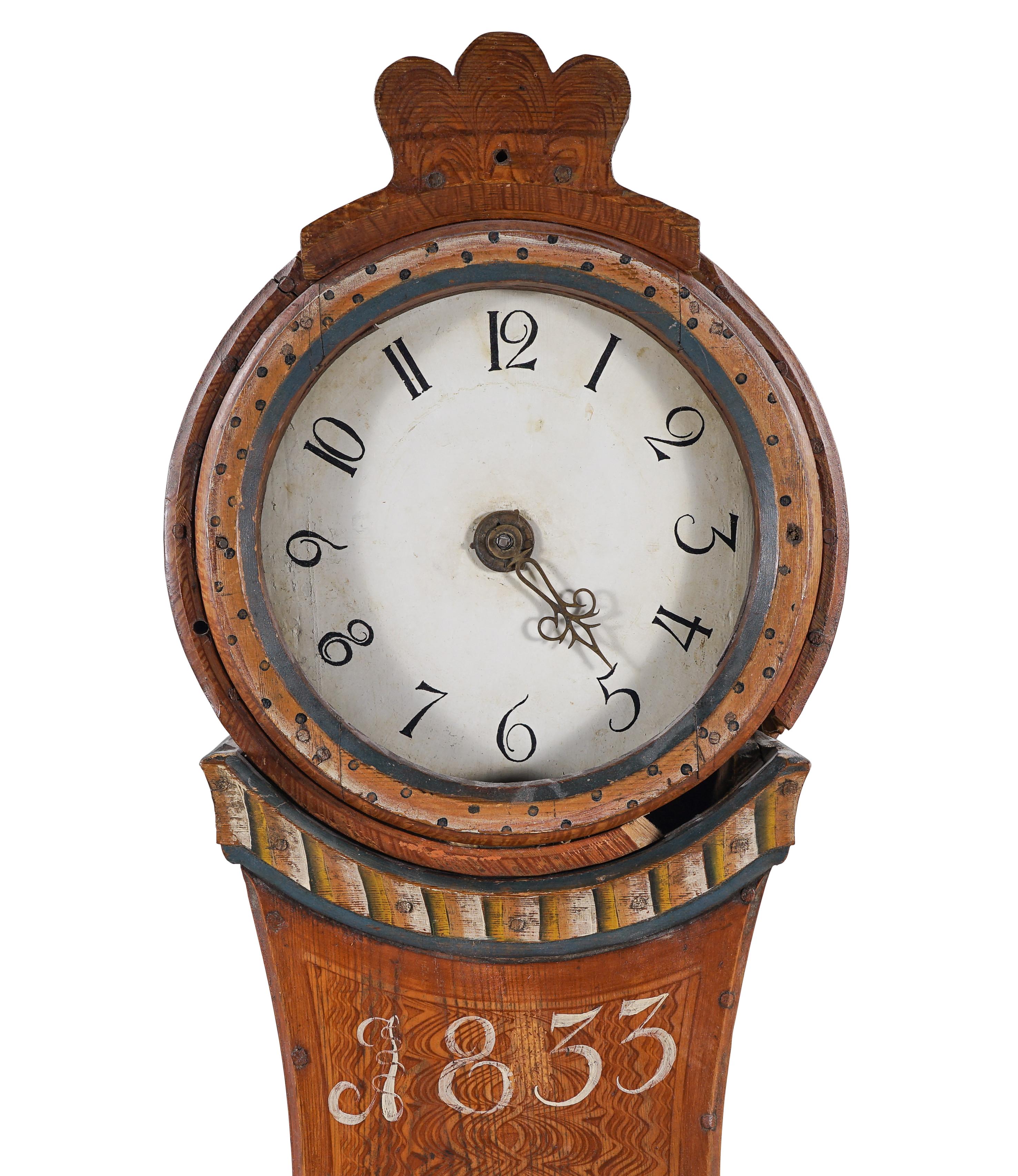 Swedish Mora clock dated 1883 with hand painted Swedish floral details. Working Longcase clock mechanism of pendulum and 2 weights and a bell chime on the hour.

Width: 62cm / 24.4