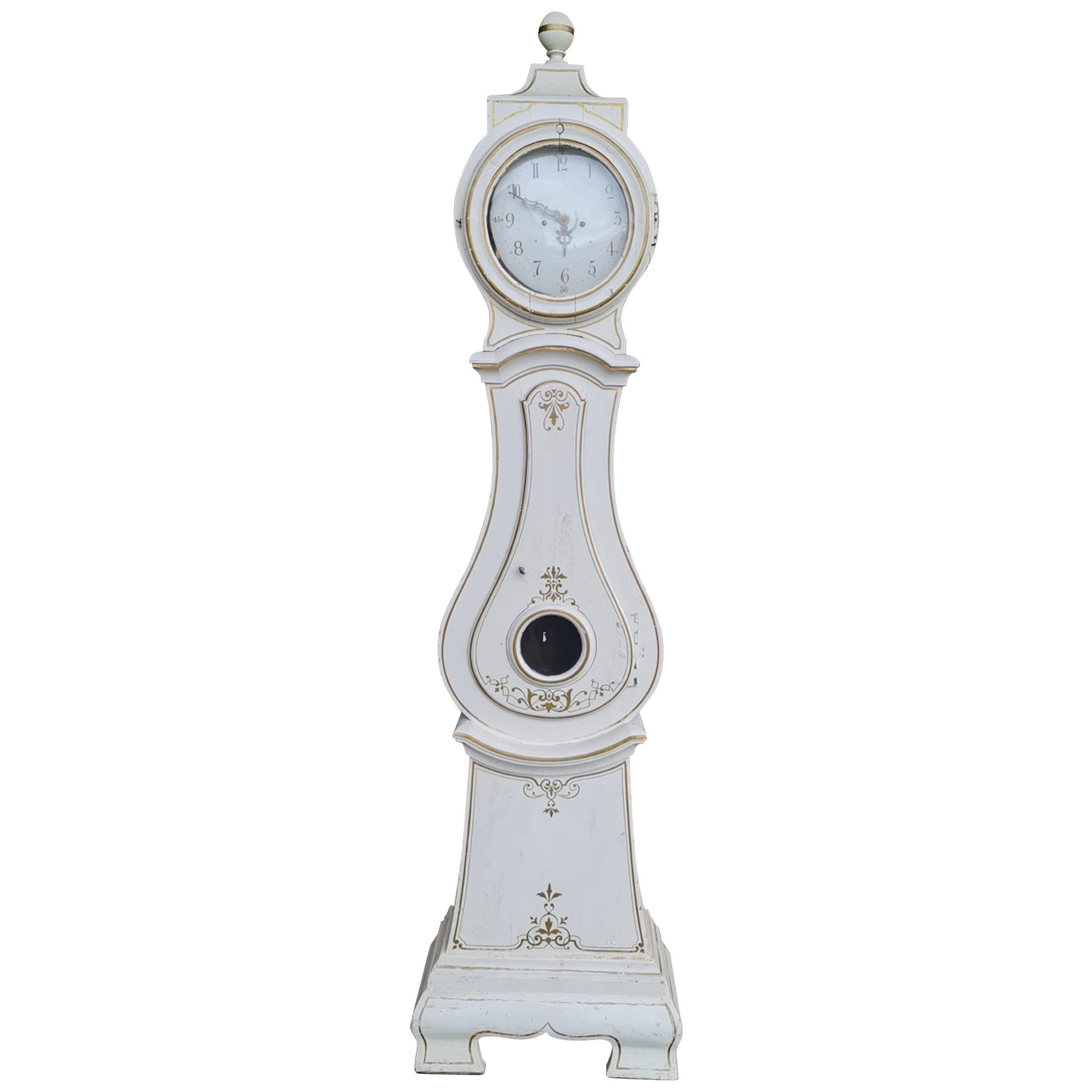Mora Clock Swedish Antique White Gold, Early 1800s, Gustavian