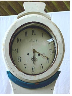 Mora Clock Swedish Early 1800s Antique Gustavian White Blue Gustavian 204cm