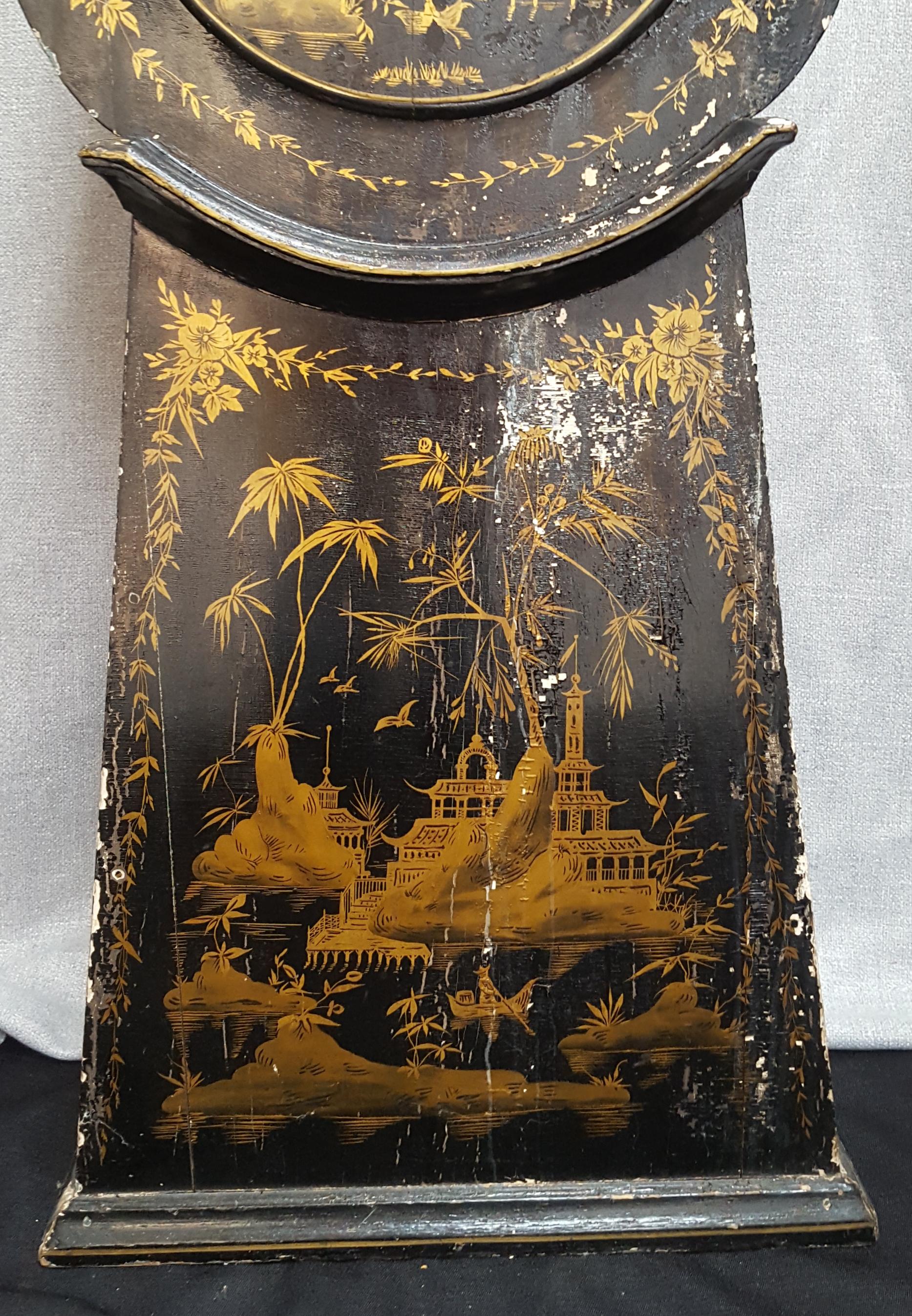 Hand-Painted Mora Clock Swedish Gold Black Early 1800s Antique Chinoiserie Painted Original