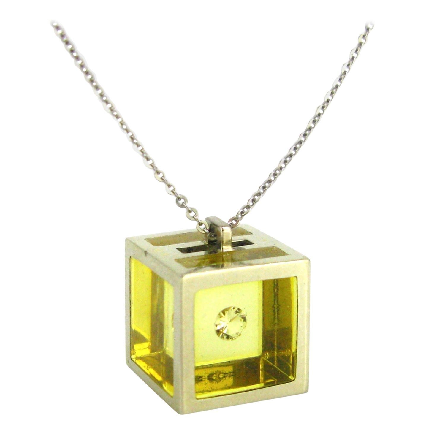 Morabito 1970 Modernist Gold Maxi Cube Diamonds Pendant