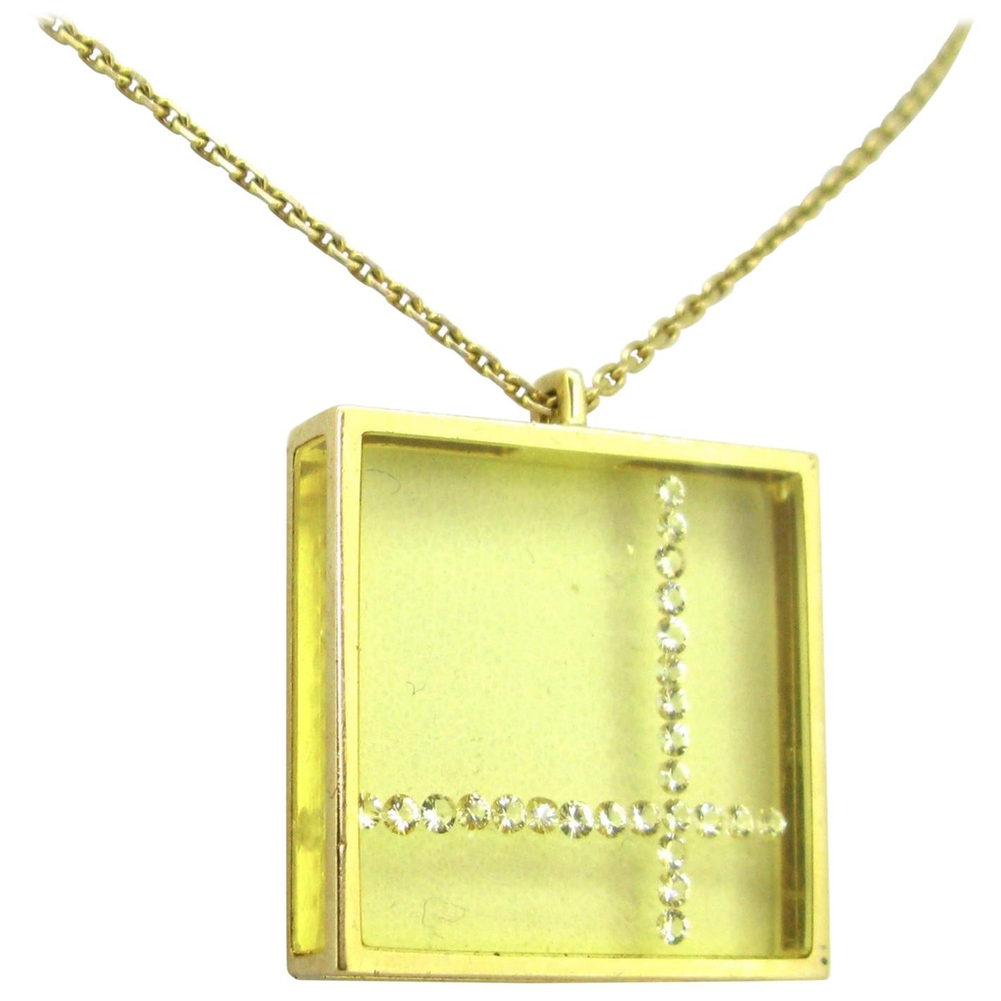 Morabito Modernist Rectangular Diamonds Pendant on Chain, 18 Karat Gold, circ