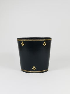 Morabito Paris Black & Gold Leather Wastepaper Basket Bin, France, 1970s