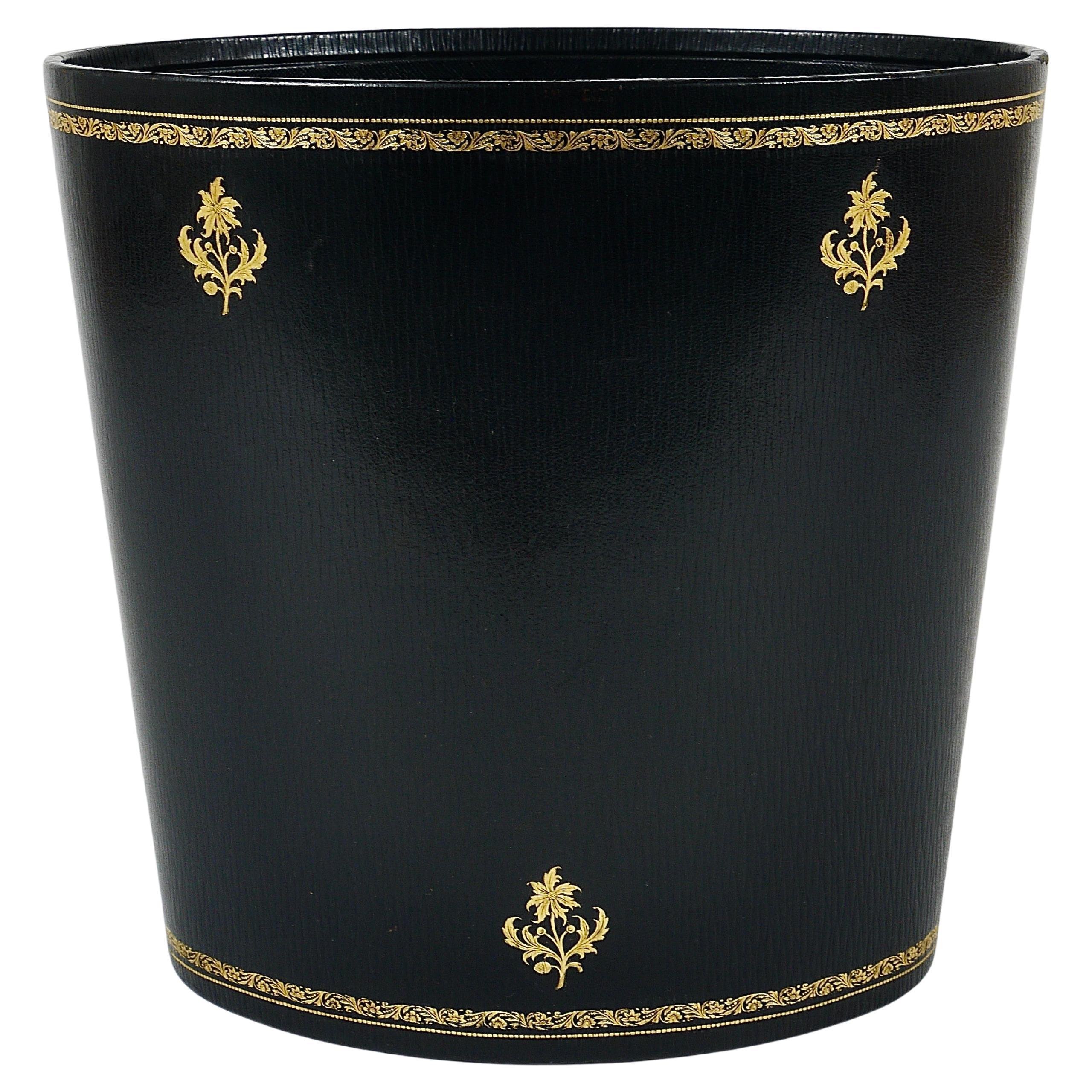 Corbeille à papier en cuir noir et or Morabito Paris, France, années 1970