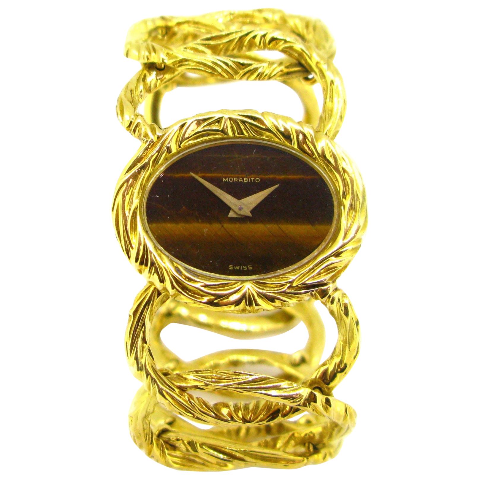 Morabito Tiger Eye Yellow Gold Manual Wind Wristwatch