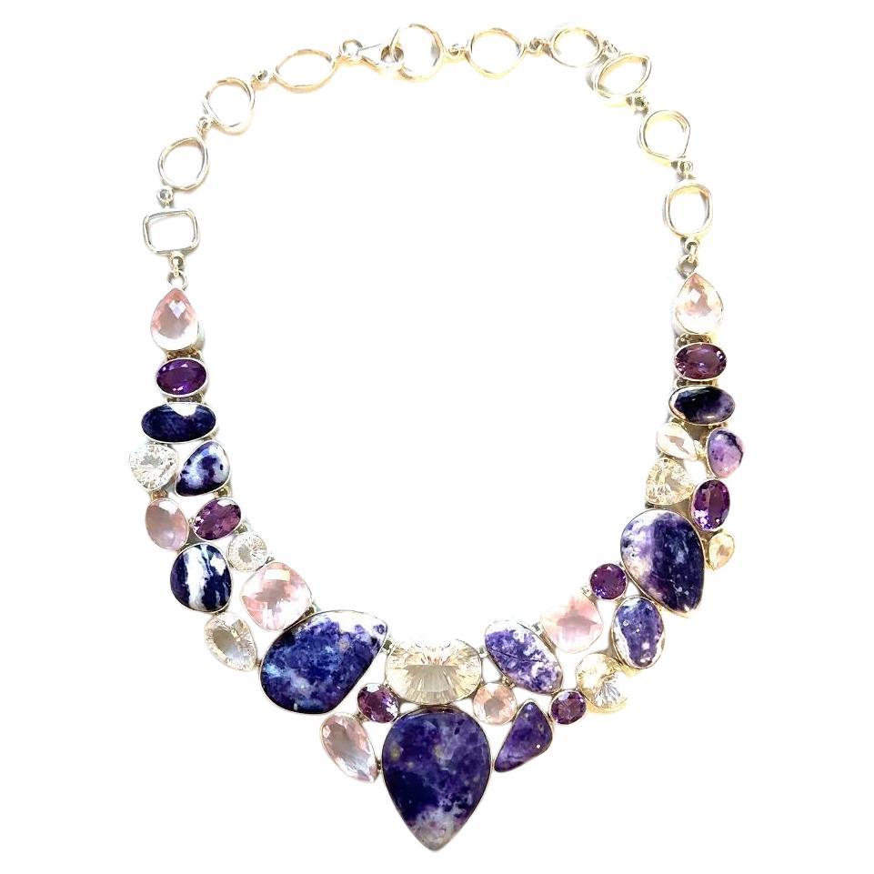 Morado Purple Opal, Quartz and Amethyst Sterling Silver Statement Bib Necklace