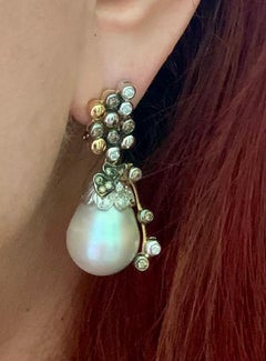 Moraglione Fancy Colored Diamond, Diamond, Large Baroque Pearl 18K Gold Earrings