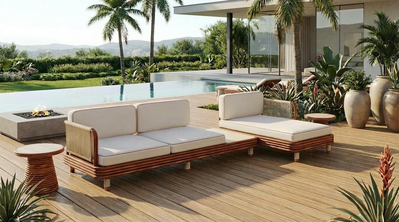 Le canapé modulaire Moraira, créé en partenariat avec Mediterrazza, est un chef-d'œuvre de mobilier de luxe d'extérieur d'inspiration bohème. Fabriqué à la main en bois d'iroko avec d'élégants détails en corde synthétique le long du dossier et des