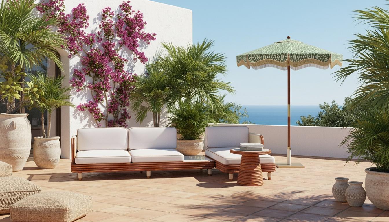 Moderno Moraira Outdoor Modular Sofa in Iroko Wood with Travertine Module Table in vendita