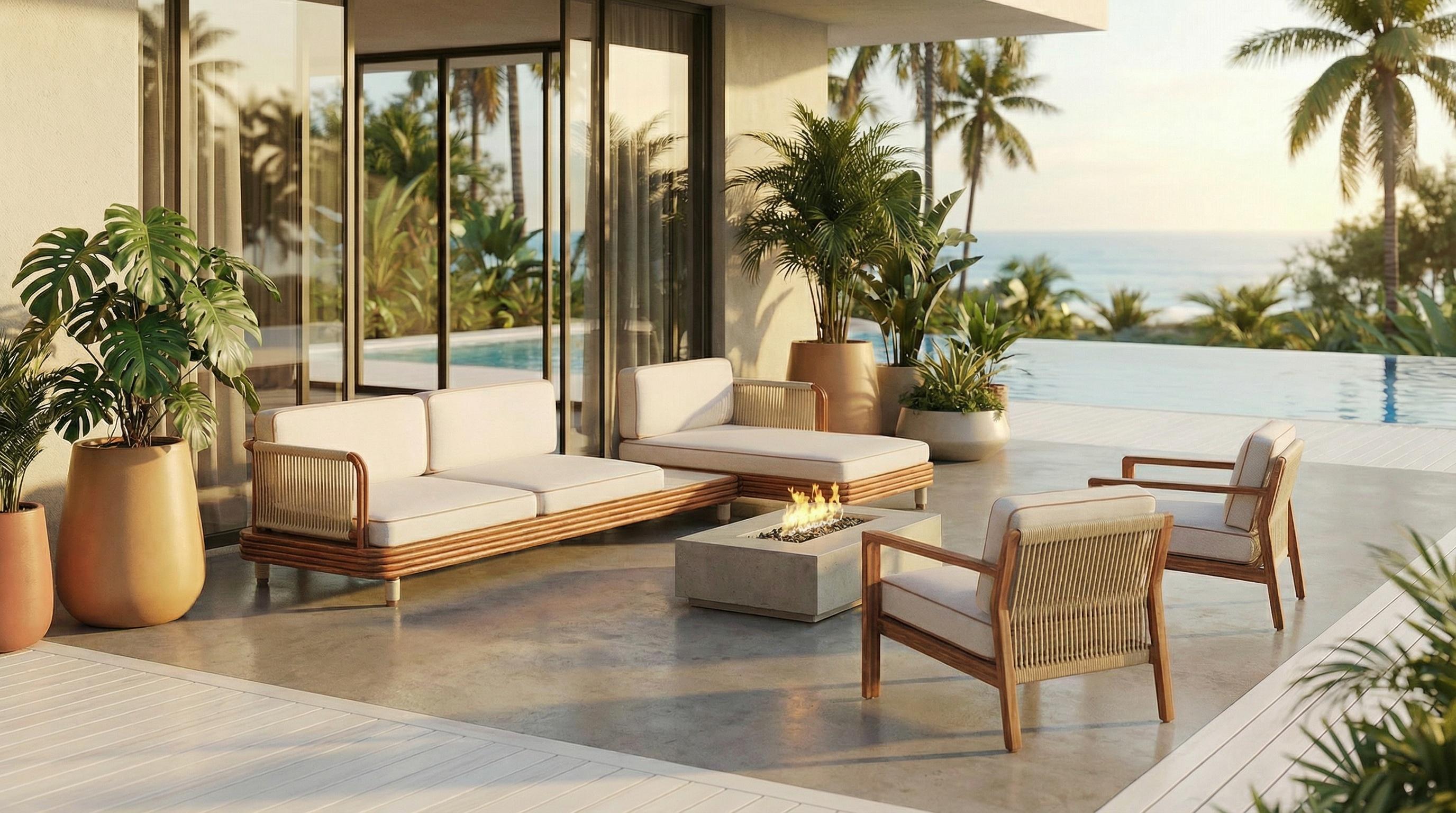 Moderne Canapé modulaire d'extérieur Moraira en Wood Wood Iroko avec table modulaire en travertin en vente