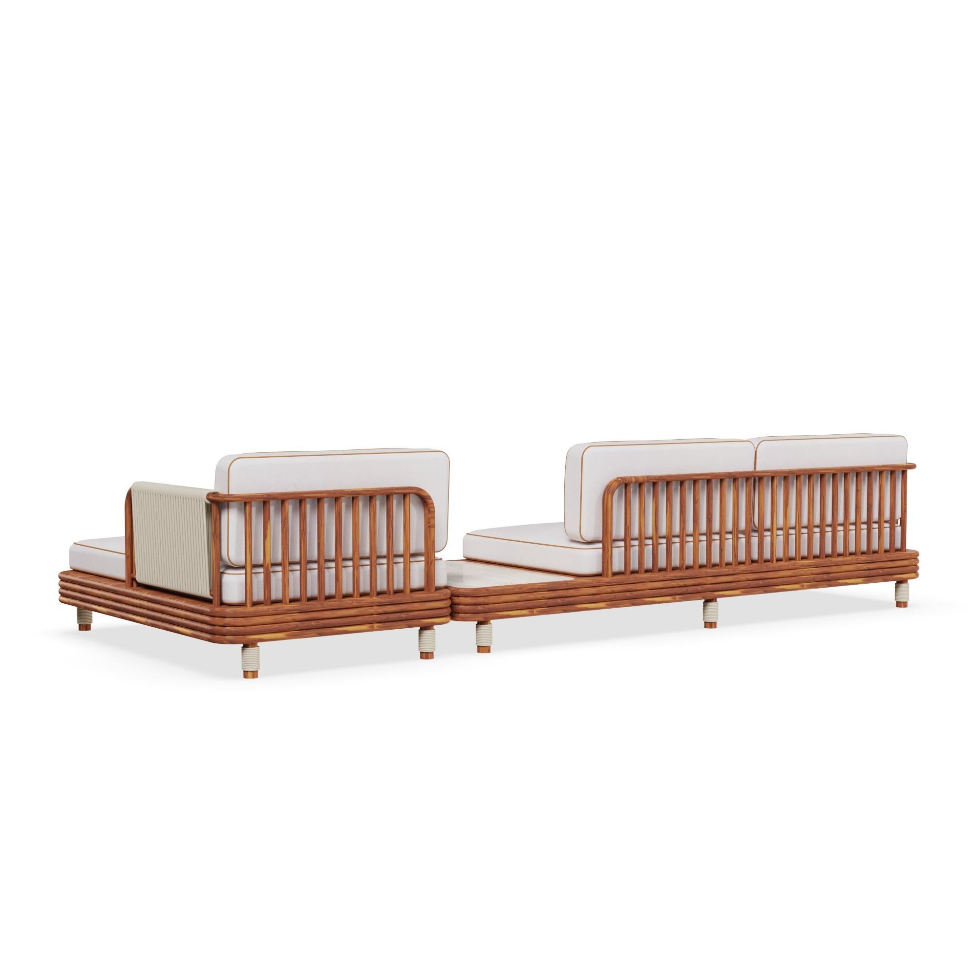 Fatto a mano Moraira Outdoor Modular Sofa in Iroko Wood with Travertine Module Table in vendita