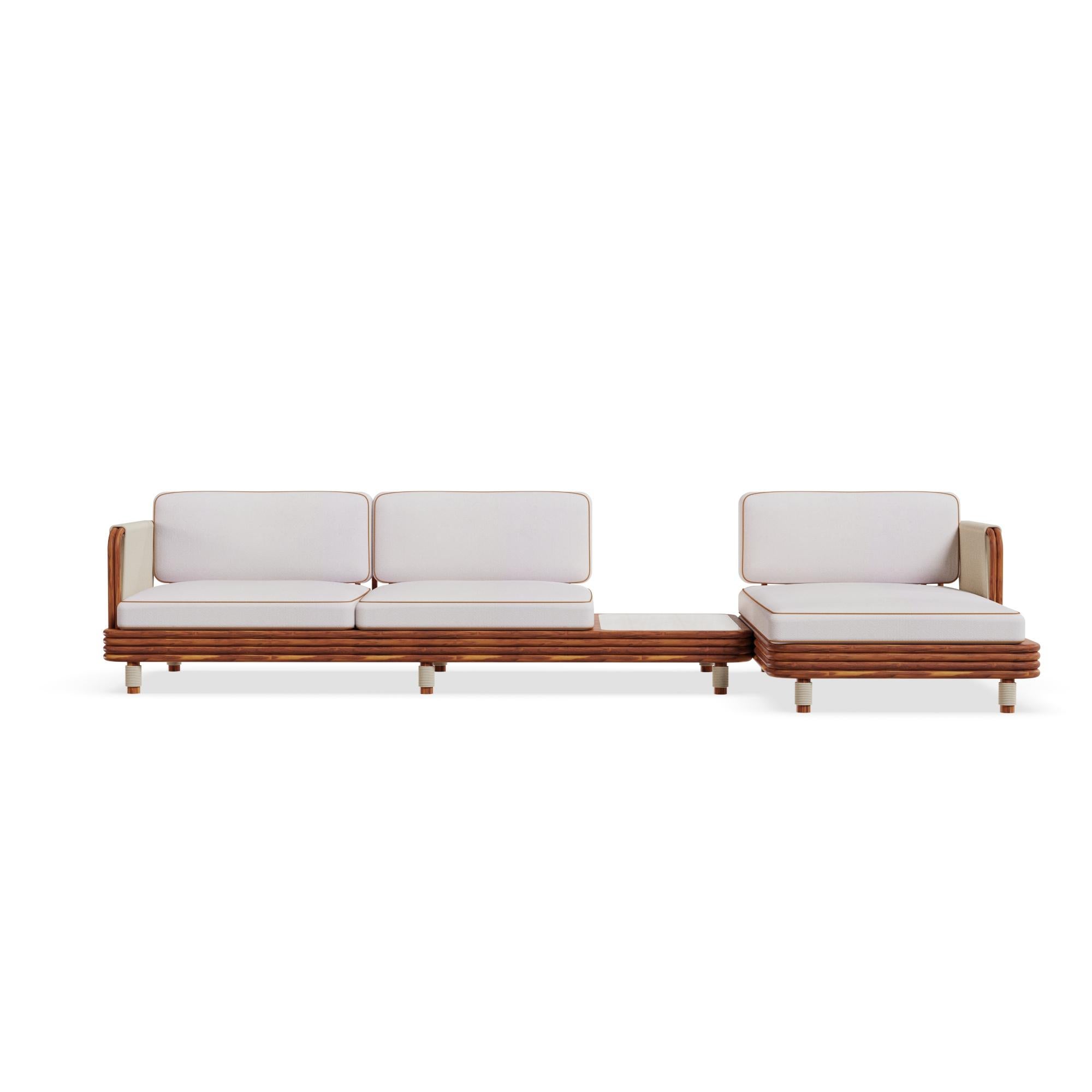 XXI secolo e contemporaneo Moraira Outdoor Modular Sofa in Iroko Wood with Travertine Module Table in vendita