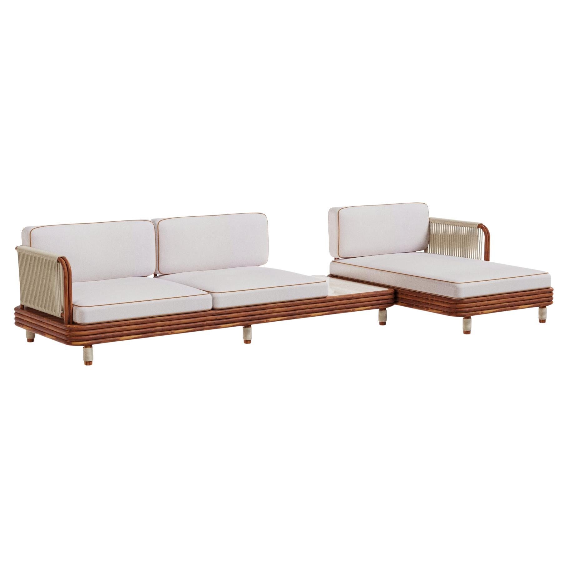 Moraira Outdoor Modular Sofa in Iroko Wood with Travertine Module Table