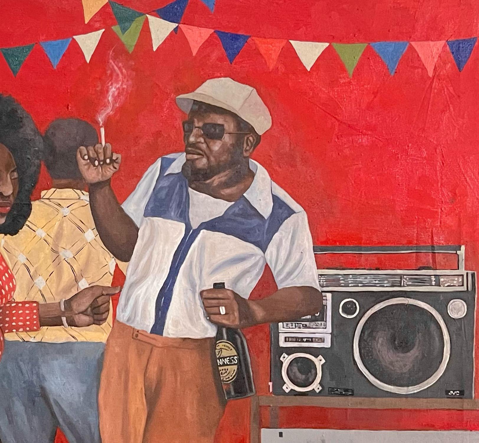Disco Night - 21e siècle, Contemporain, Figuratif, Afrique Party, Love, People - Rose Figurative Painting par Morakinyo Femi