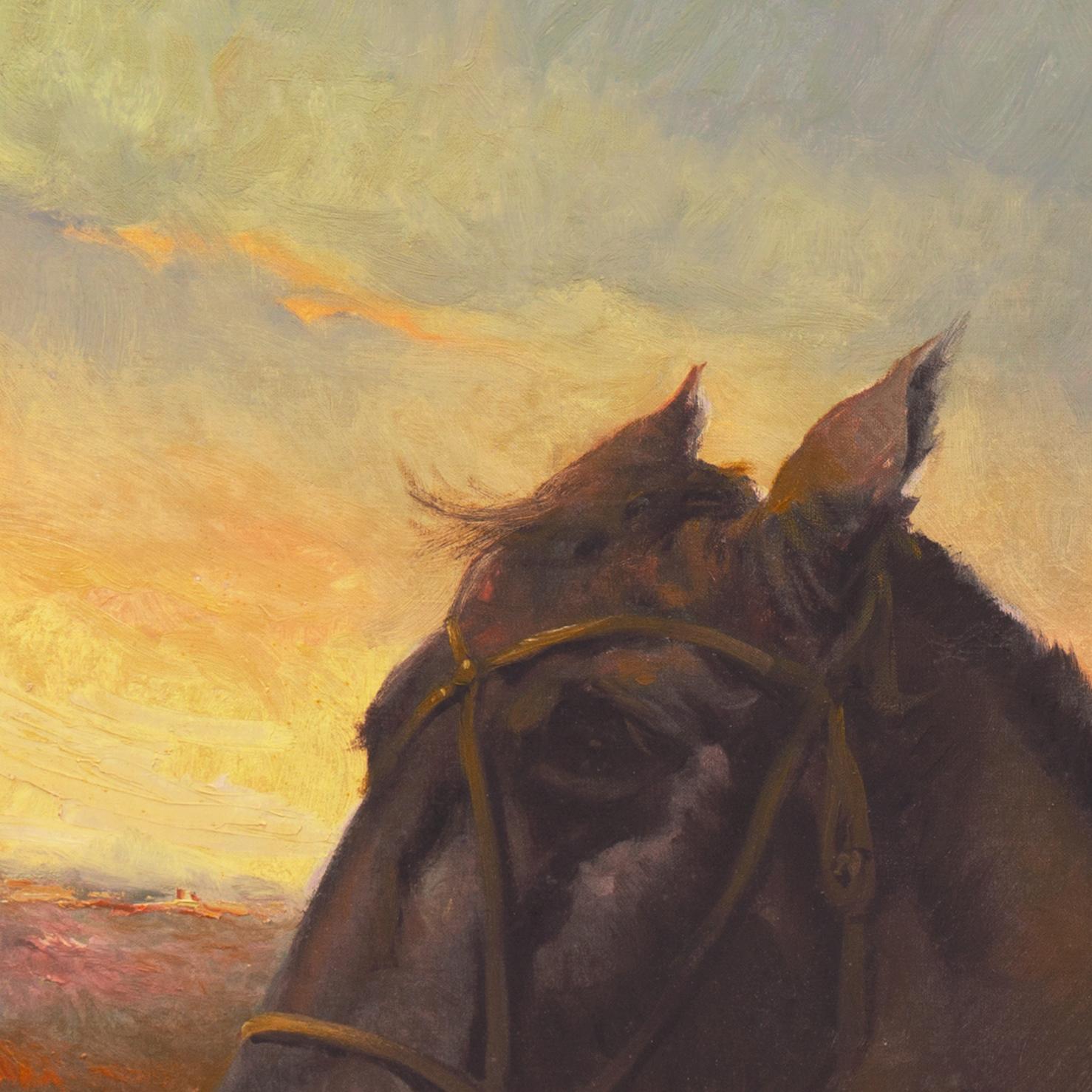 'Gaucho on a Criollo', Argentine Sunset, Pampas, Equestrian Study, Horse, Pony - Impressionist Painting by Morando Luque