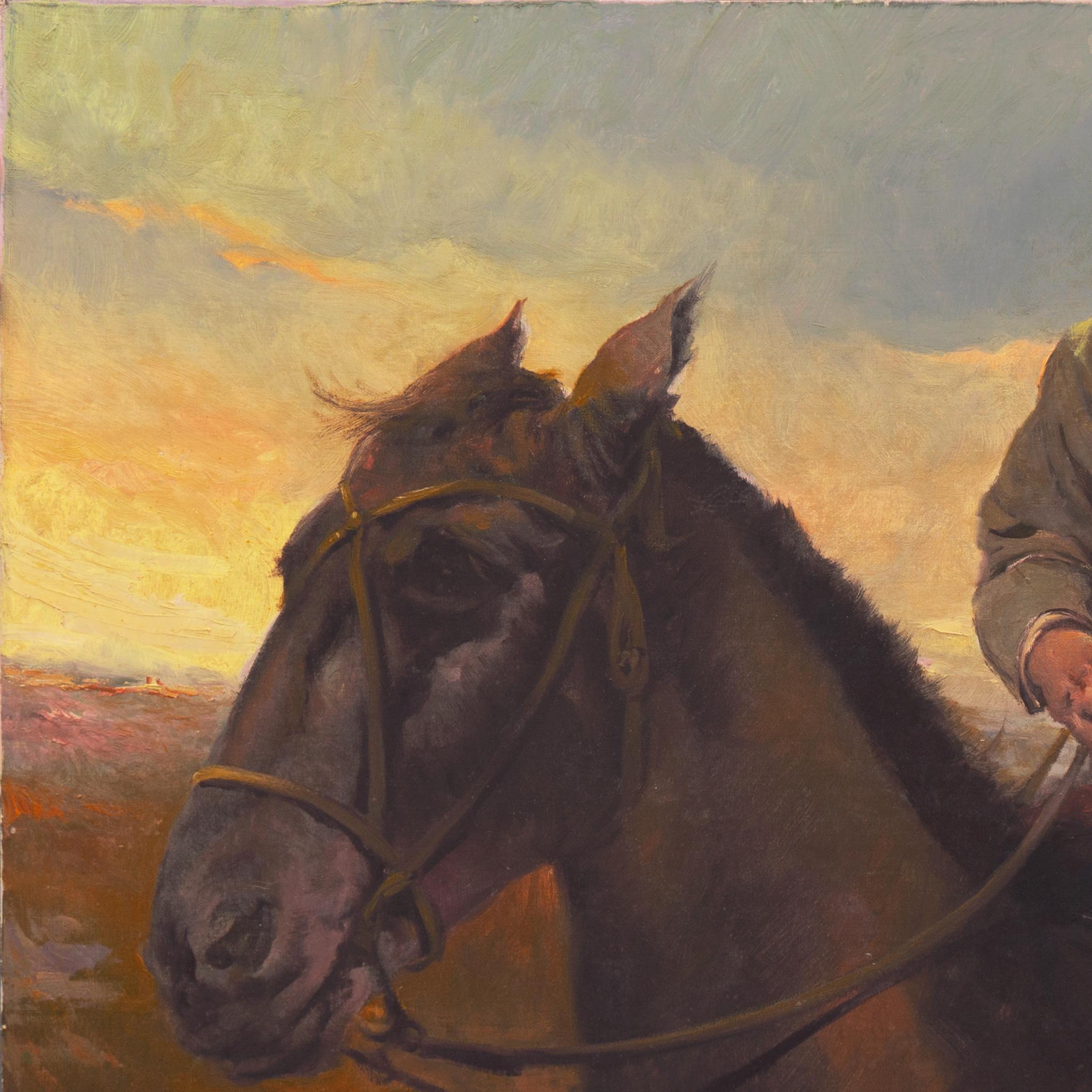 'Gaucho on a Criollo', Argentine Sunset, Pampas, Equestrian Study, Horse, Pony - Black Figurative Painting by Morando Luque
