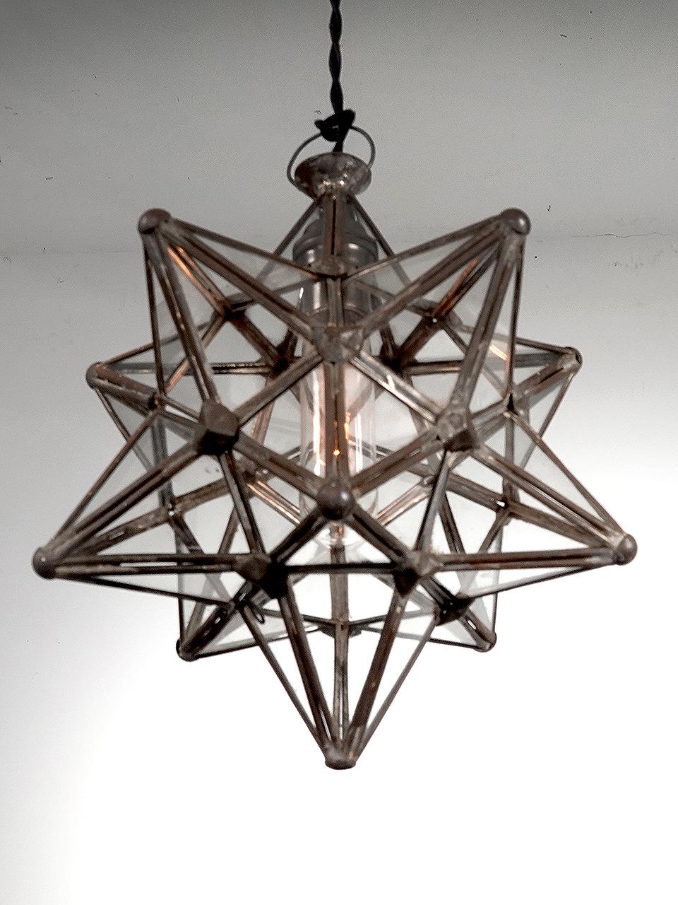 This is an early example of a hand-made and classic Moravian Pendent. You can see the aged patina in the close-up photos. All the glass is intact. These lamps have a great look. The Moravian Star tradition goes back to German schools almost 200
