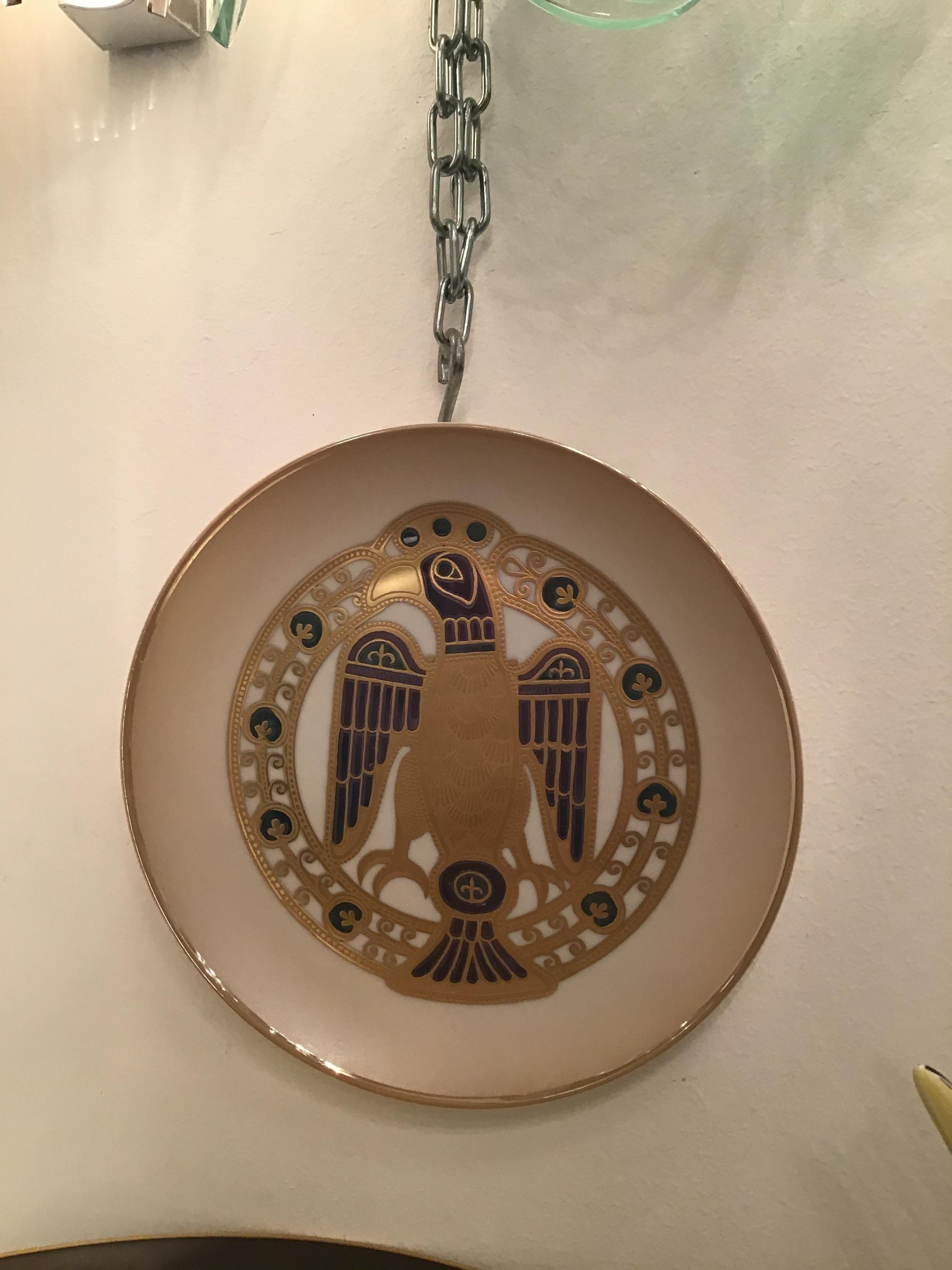 Morbelli Porcelain “Gioiellò Germany Wall Plate Worked with Pure Gold 1960 Italy In Excellent Condition For Sale In Milano, IT