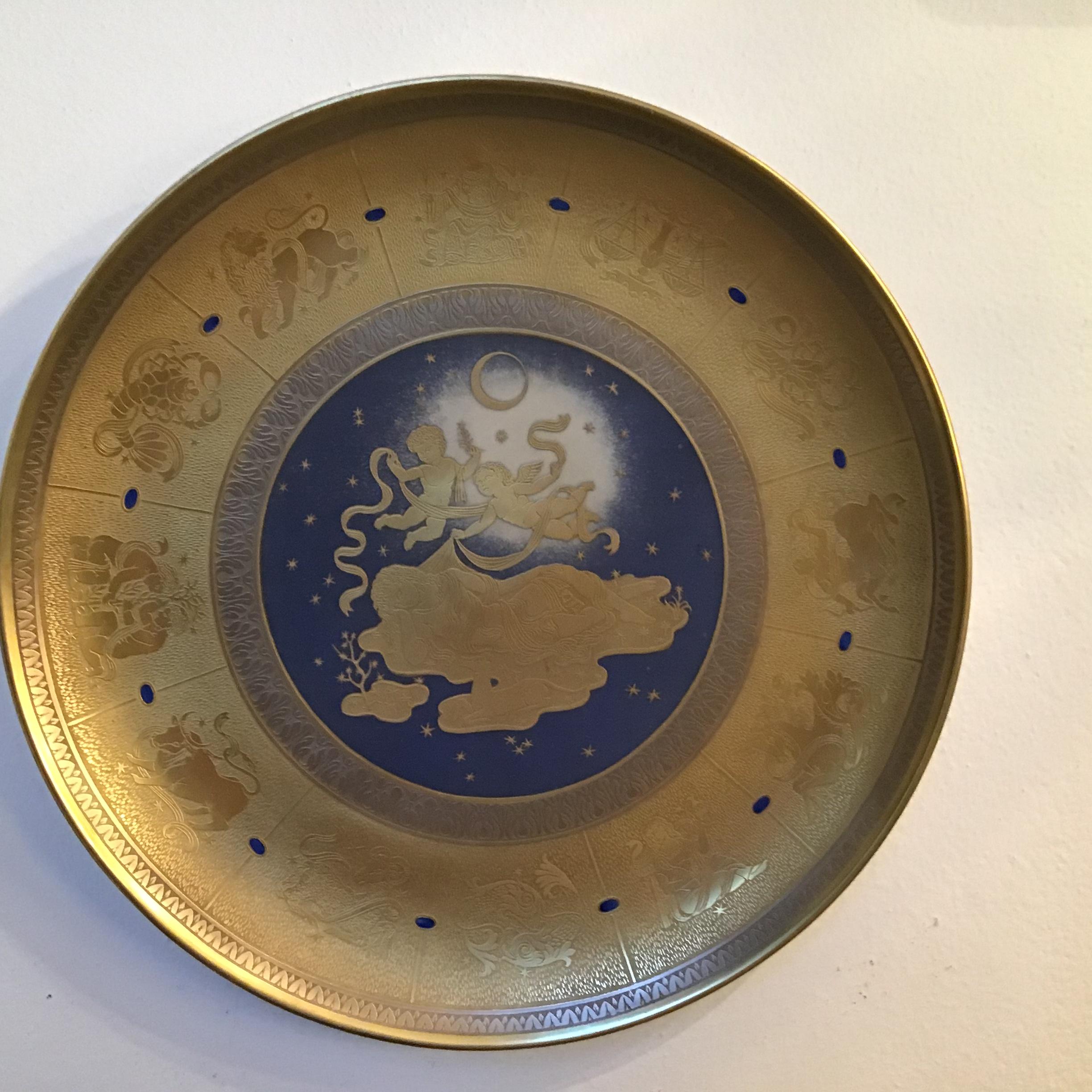 Mid-20th Century Morbelli Wall Plate Gold Porcelain #La Notte” 1960 Italy For Sale
