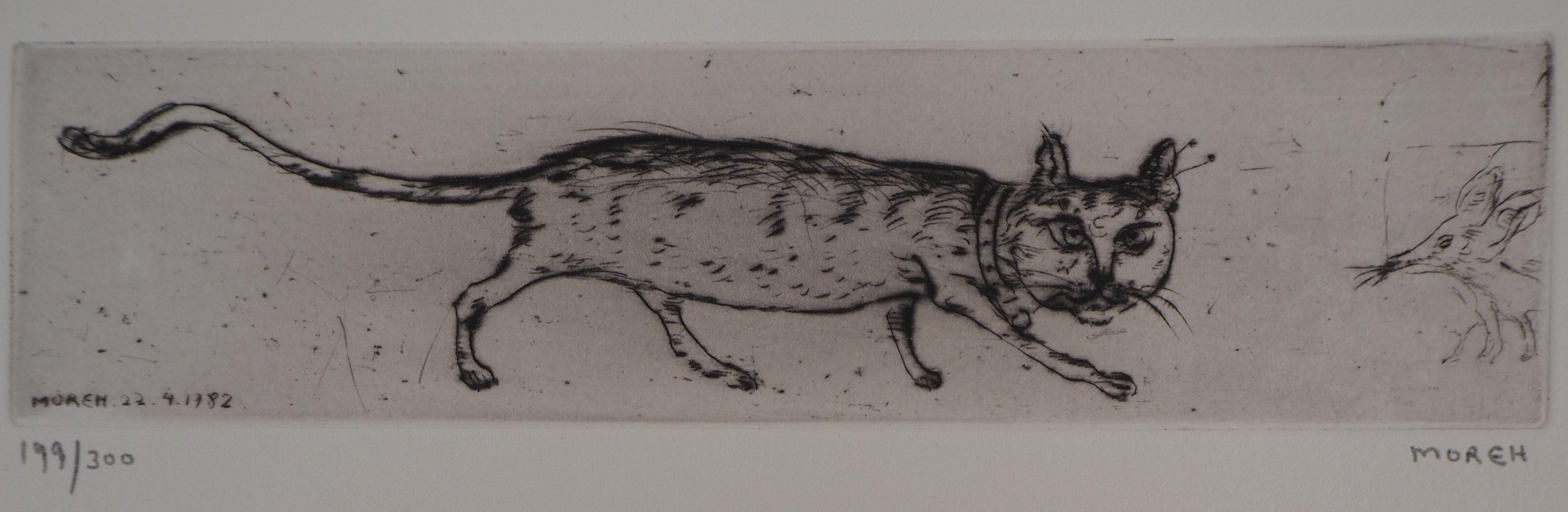 Gato y Ratón : Grabado original, Firmado a mano - Print de Mordecai Moreh
