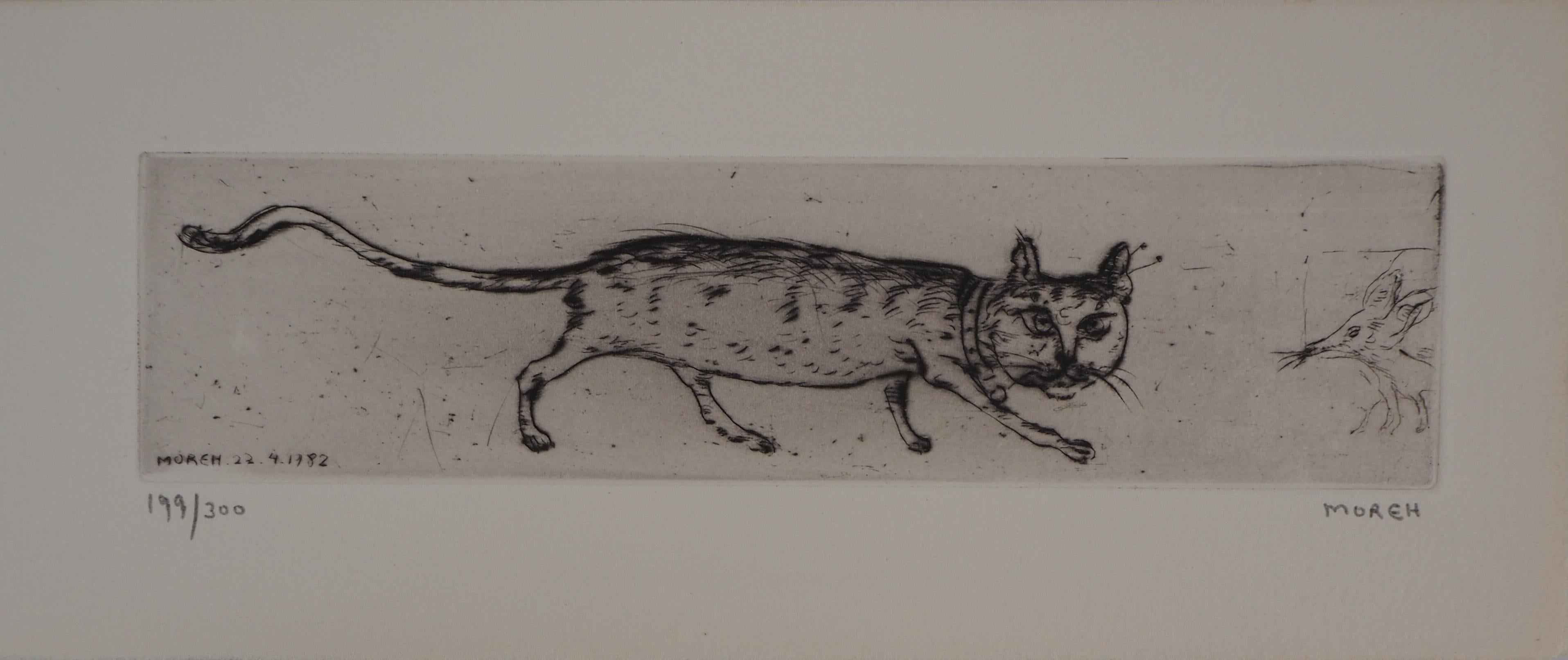 Mordecai Moreh Animal Print - Cat and Mouse : Original etching, Handsigned
