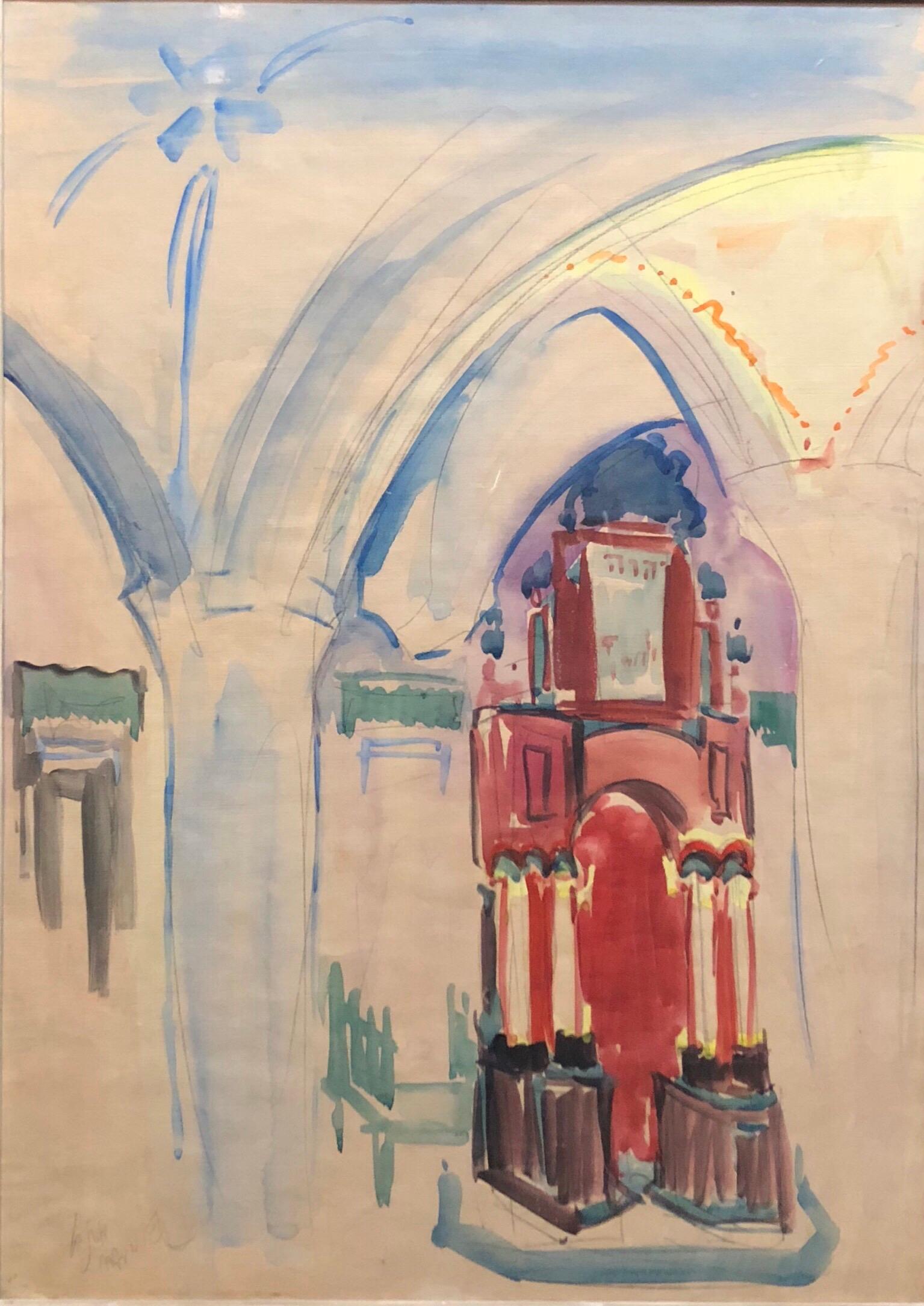 Peinture à l'aquarelle moderniste israélienne d'une école Bezalel, intérieur d'un Synagogue sécurisé - Art de Mordechai Avniel