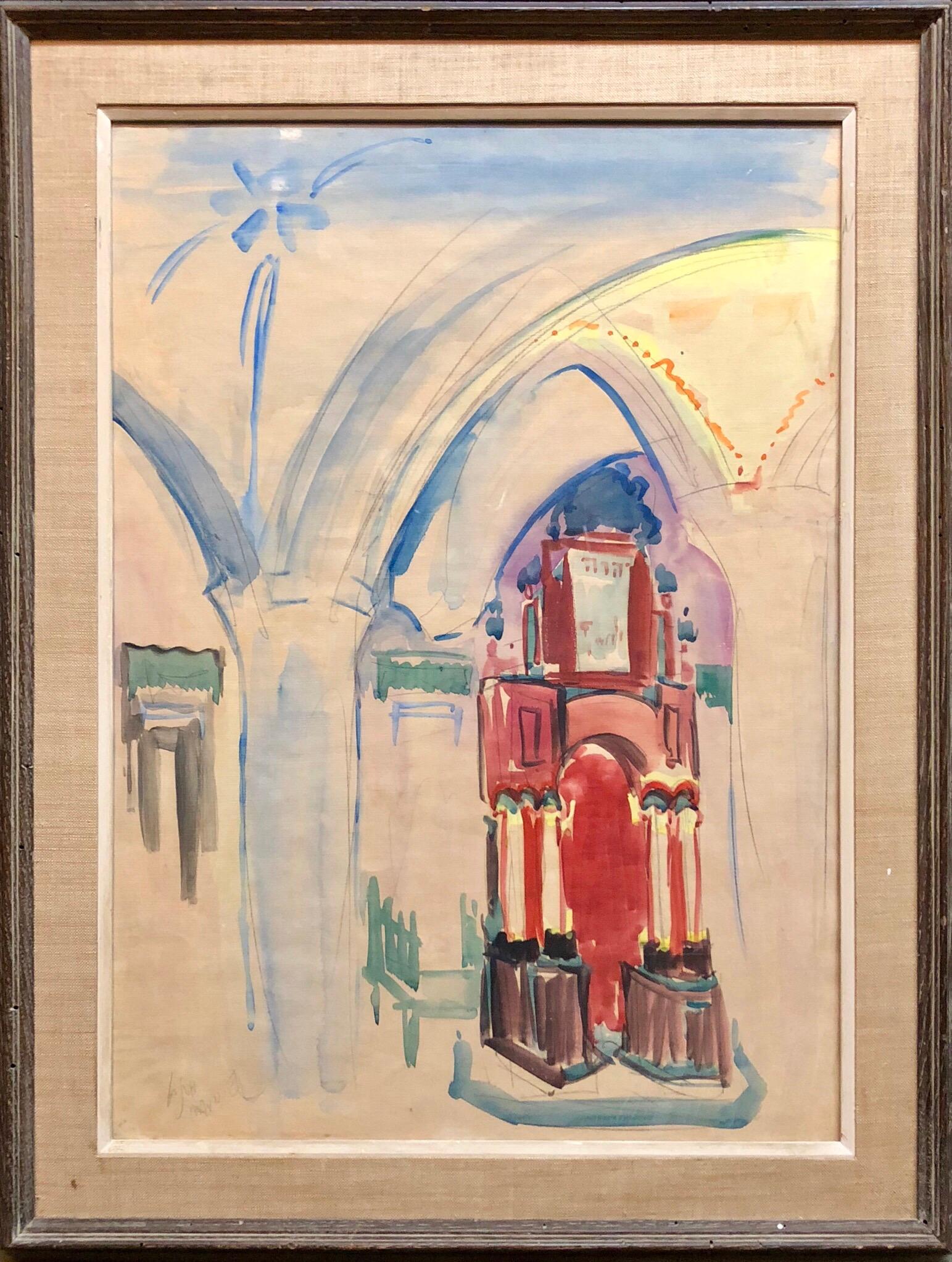Interior Art Mordechai Avniel - Peinture à l'aquarelle moderniste israélienne d'une école Bezalel, intérieur d'un Synagogue sécurisé