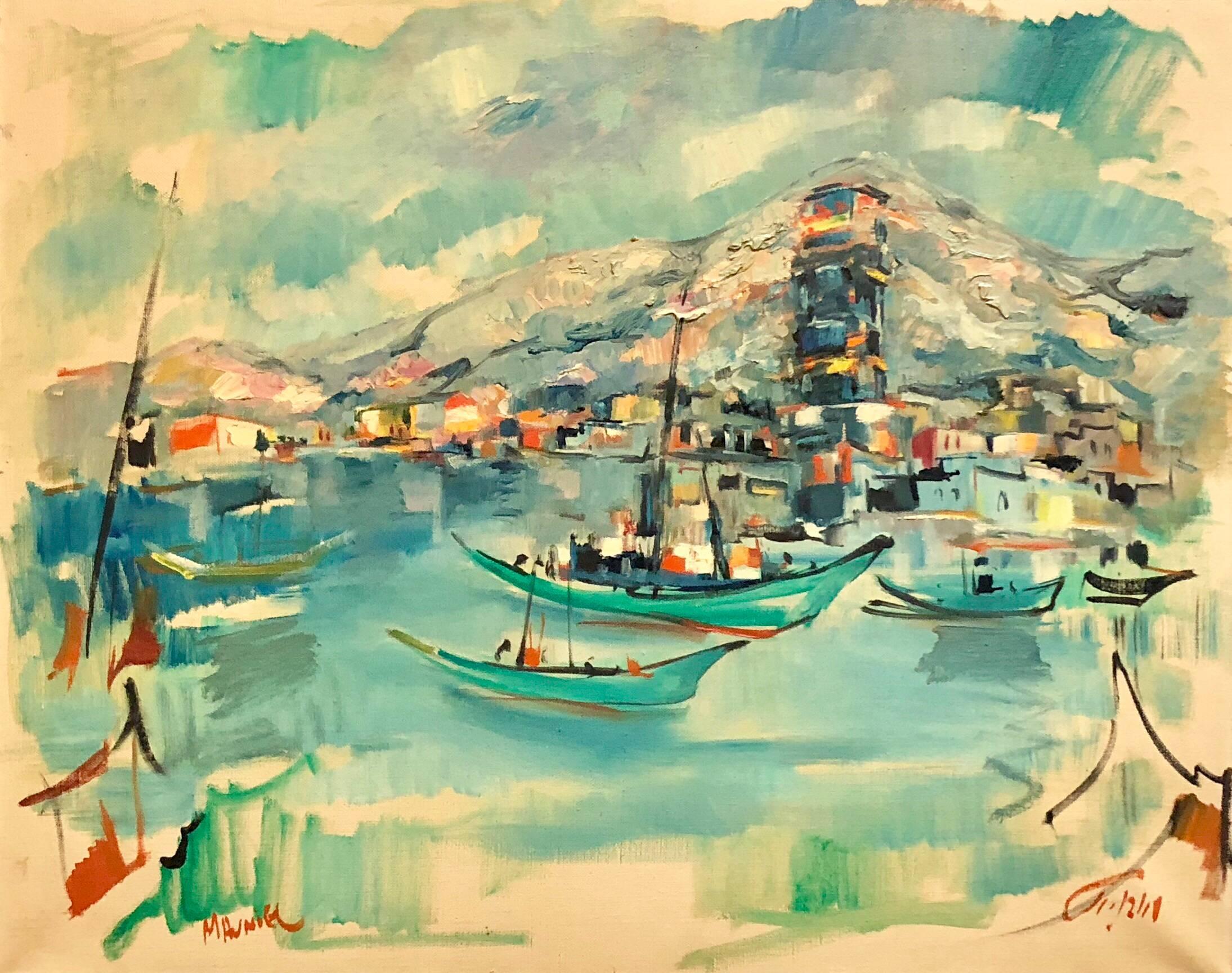 1940s Israeli Modernist Oil Painting Marine Harbor Landscape Bezalel School - Sculpture by Mordechai Avniel