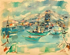 1940s Israeli Modernist Oil Painting Marine Harbor Landscape Bezalel School