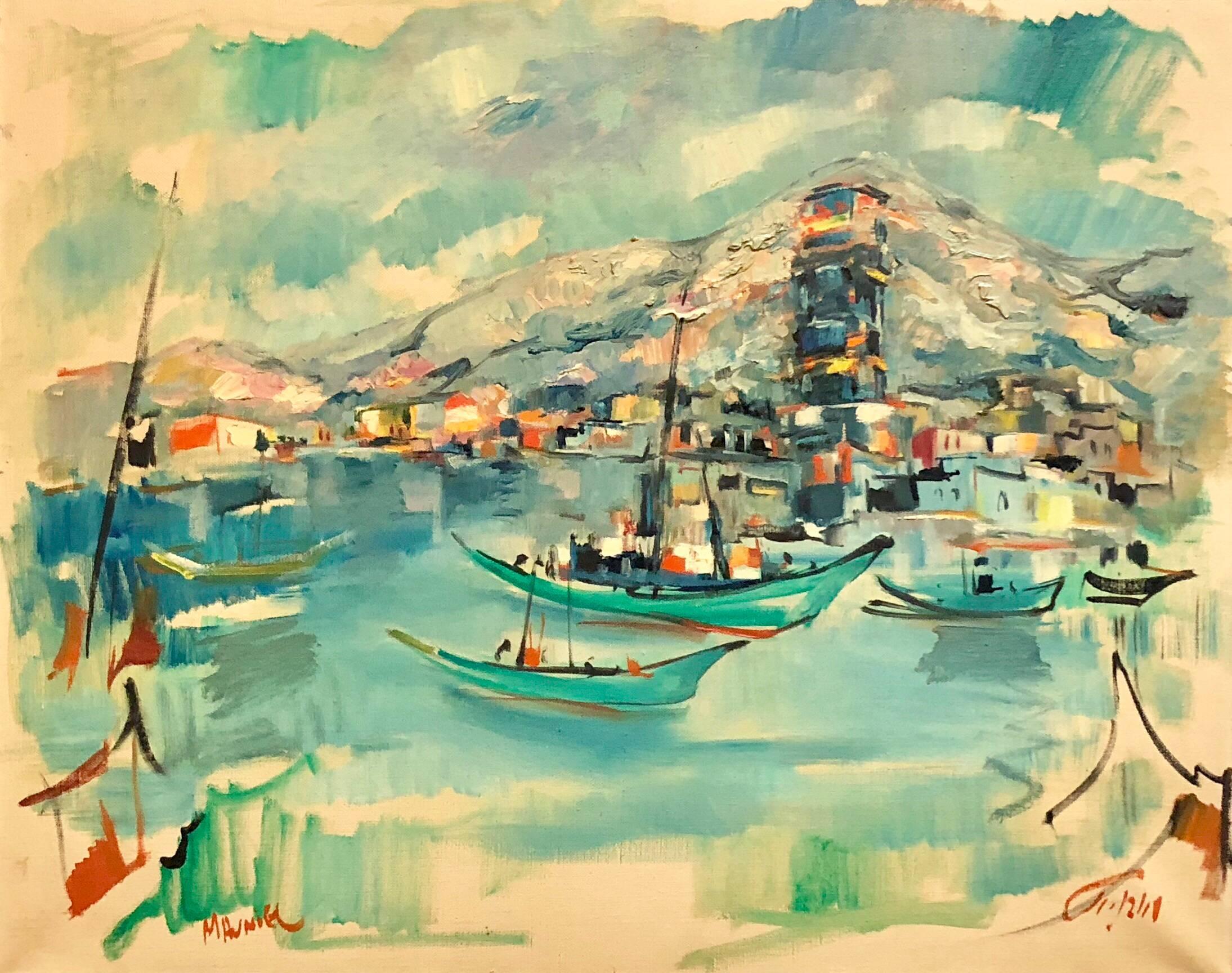 Mordechai Avniel - 1940s Israeli Modernist Oil Painting Marine Harbor ...