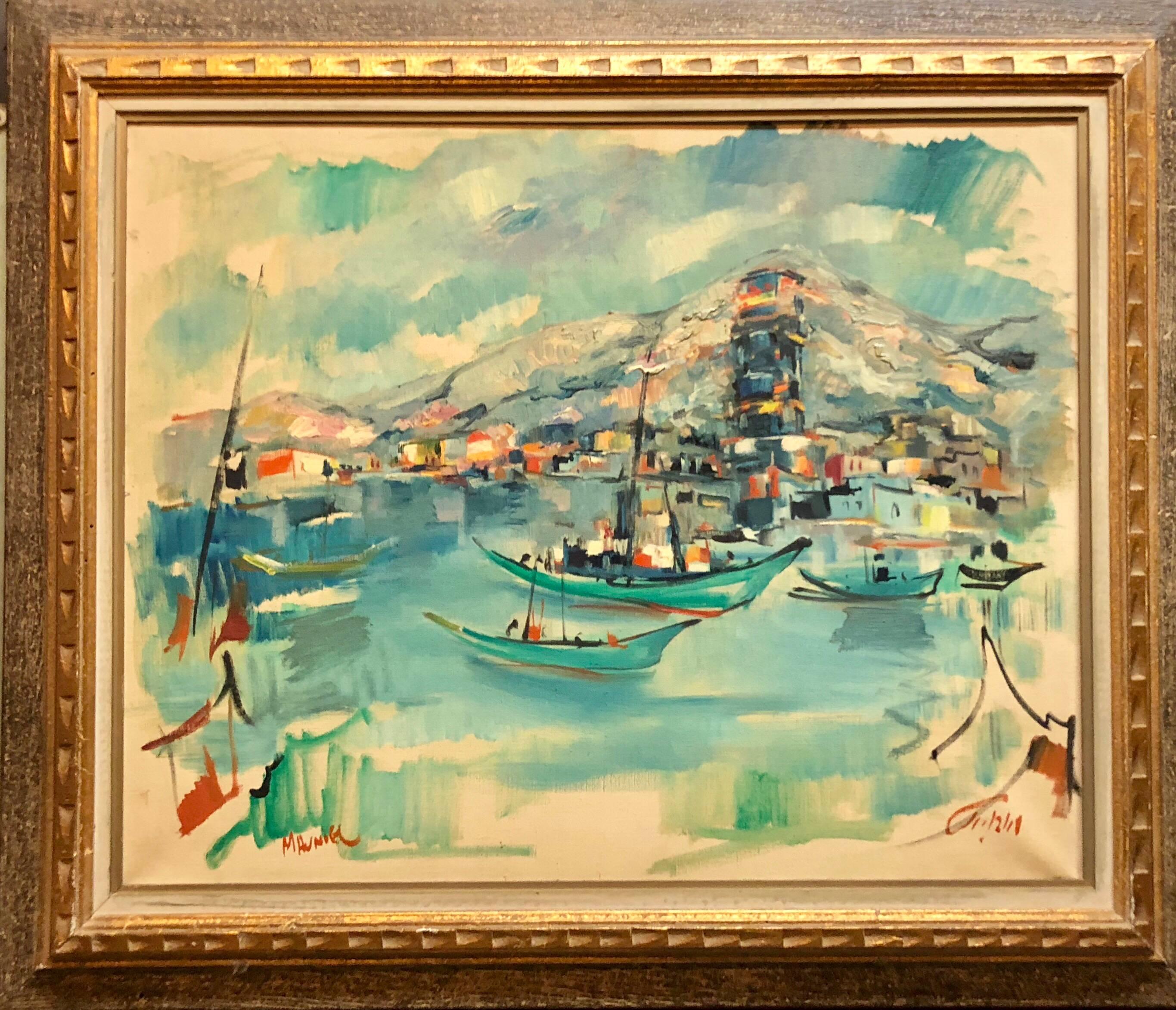 Seascape with mountain and boats in harbour. it is signed in hebrew and English. it is not dated.

MORDECHAI AVNIEL
Minsk, Belarus, b. 1900, d. 1989
Mordecai Dickstein (later Avniel) was born in 1900 in Minsk, present-day Belarus. He studied fine