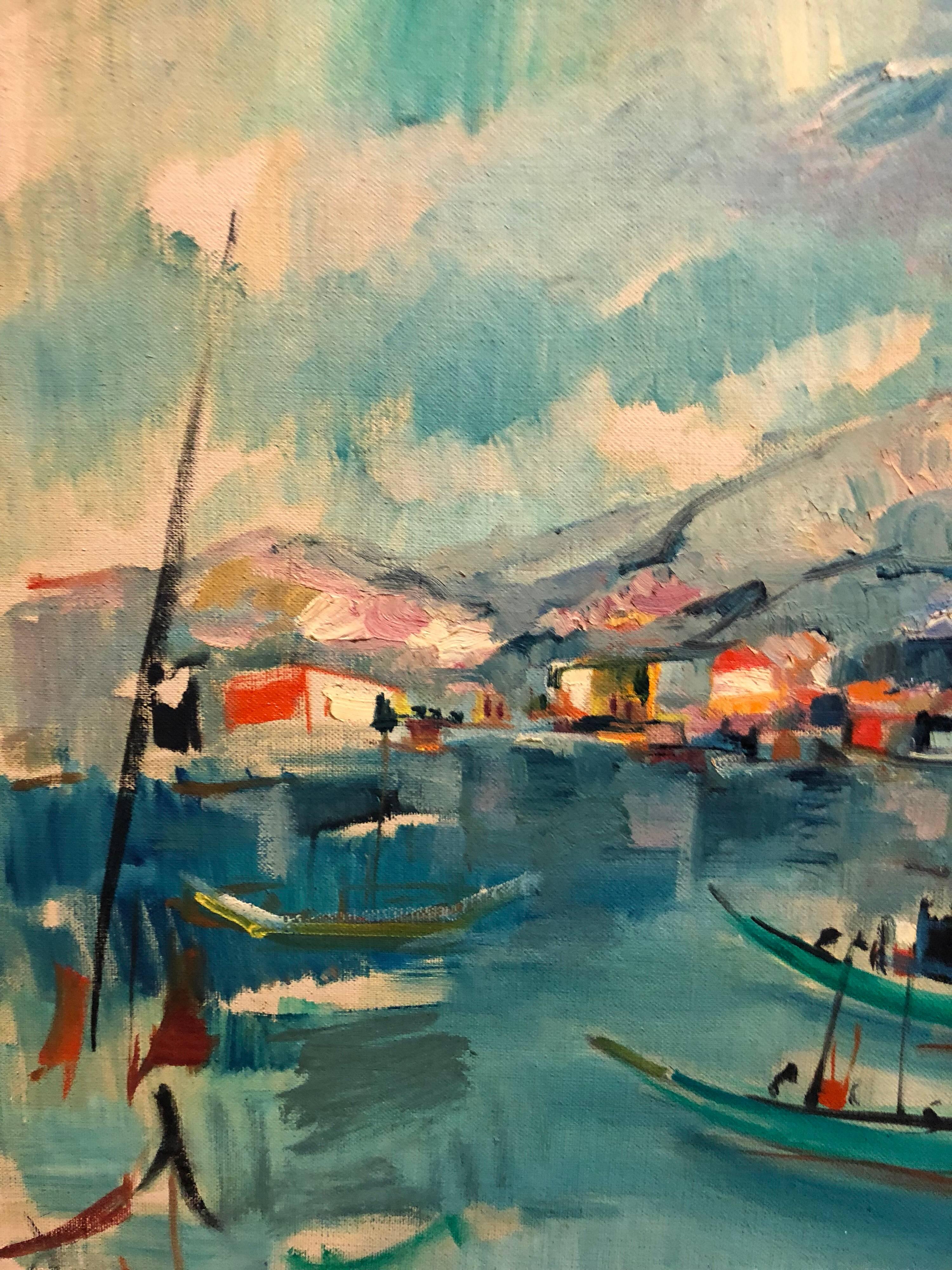 1940s Israeli Modernist Oil Painting Marine Harbor Landscape Bezalel School For Sale 3