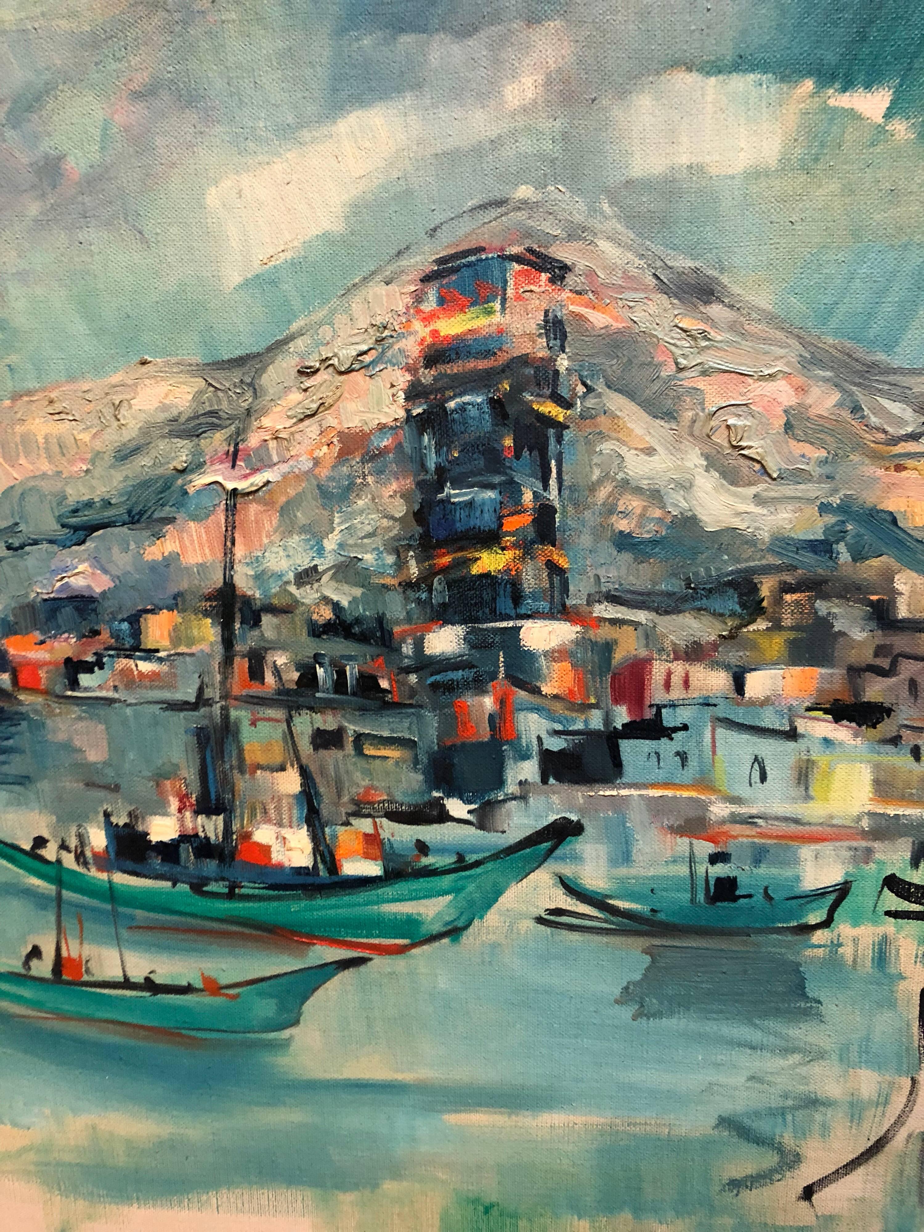 1940s Israeli Modernist Oil Painting Marine Harbor Landscape Bezalel School 1