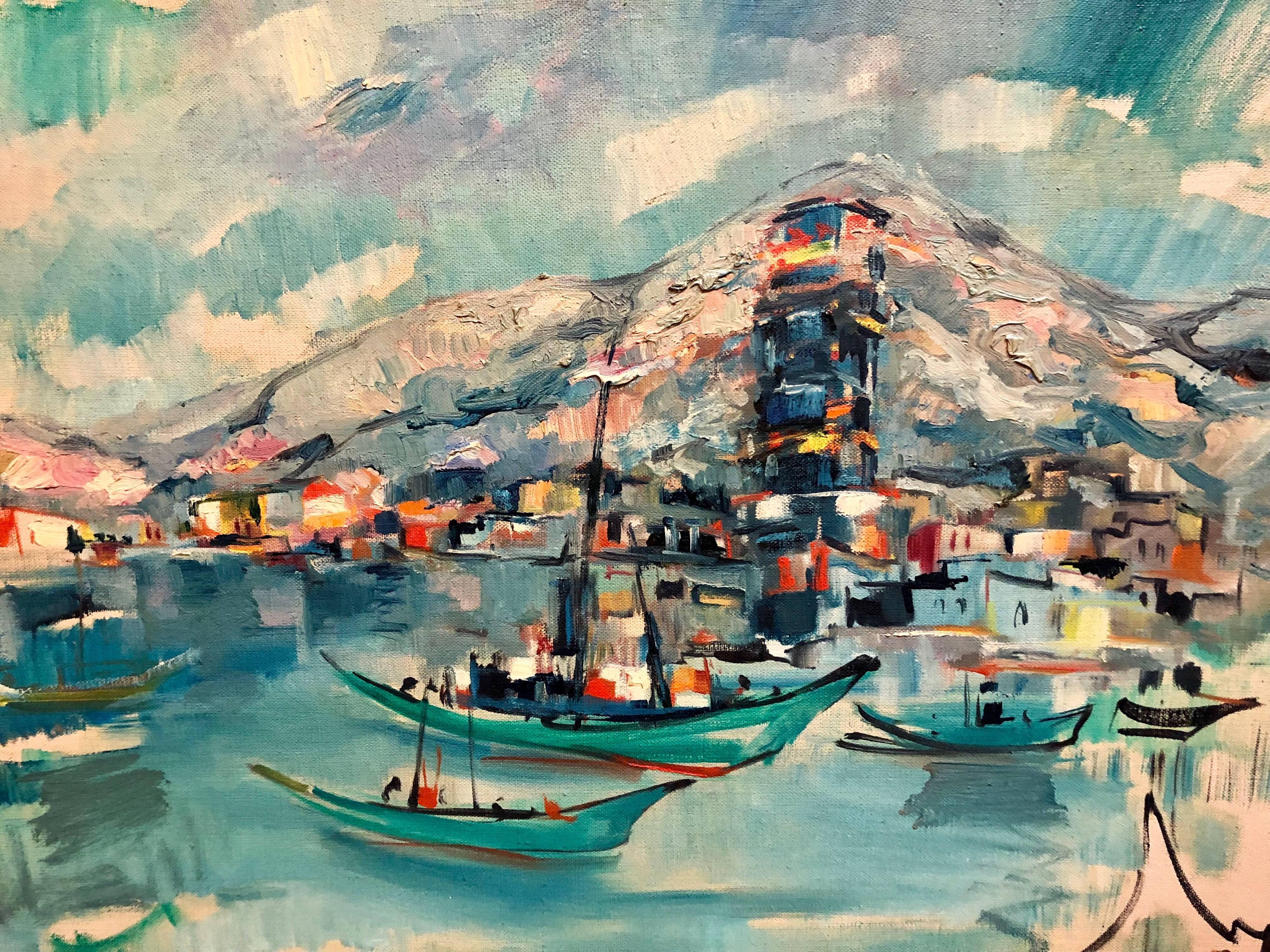 1940s Israeli Modernist Oil Painting Marine Harbor Landscape Bezalel School For Sale 5