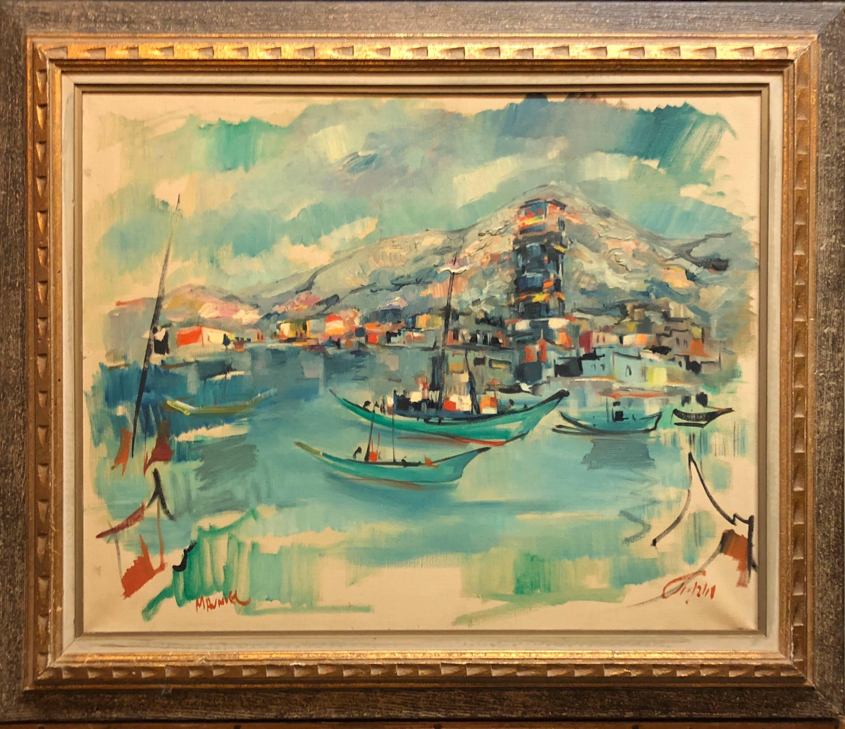 Peinture à l'huile moderniste israélienne des années 1940 - Paysage de port de la marine - École Bezalel