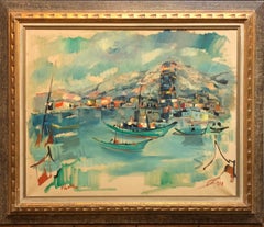 Vintage 1940s Israeli Modernist Oil Painting Marine Harbor Landscape Bezalel School
