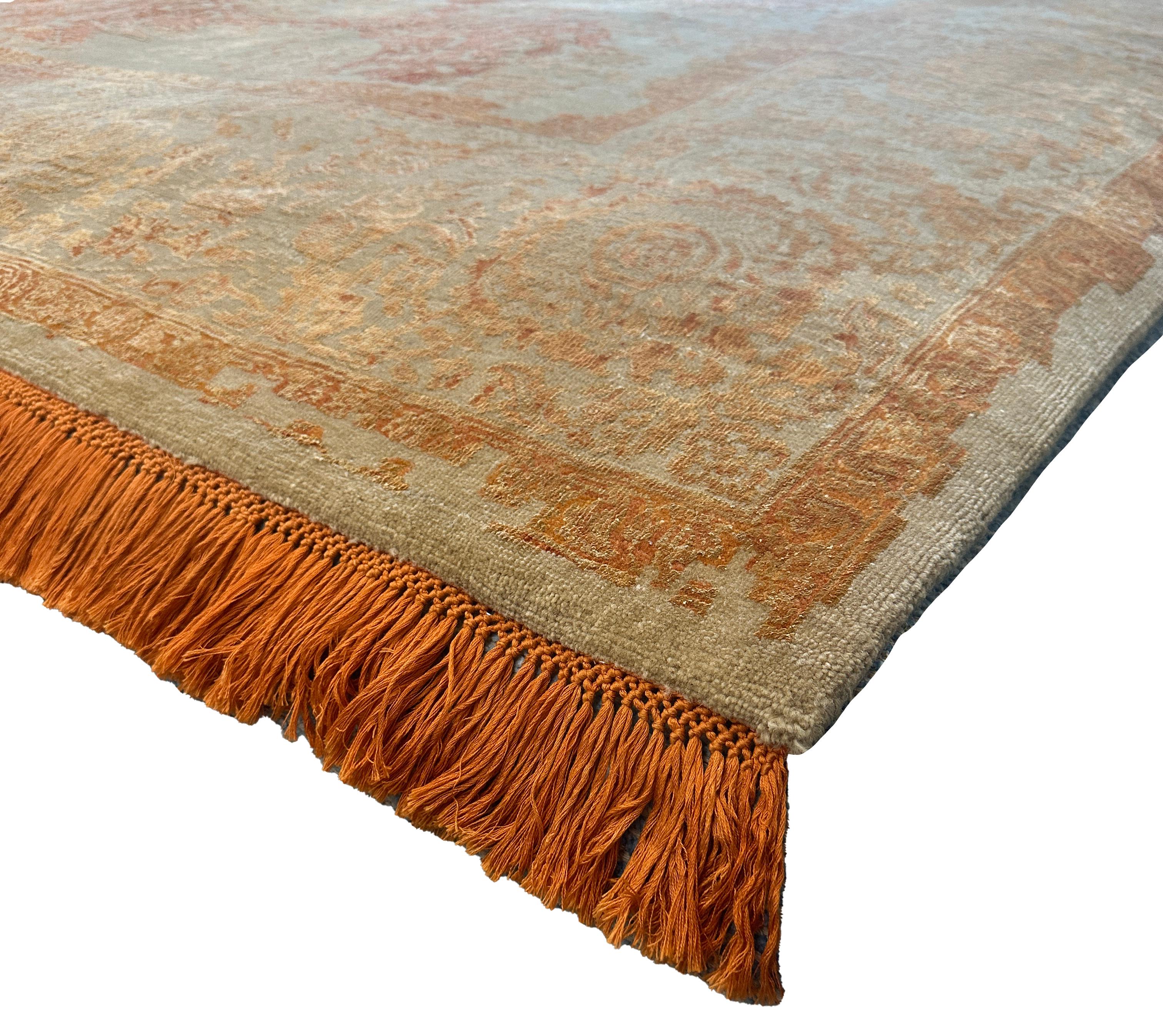 Transform your space with our Modern Floral Woolen Vine Rug, where contemporary design meets nature-inspired elegance. Measuring 8.1' x 9.10', this exquisite rug features a stunning array of orange tones, intricately woven together to create a