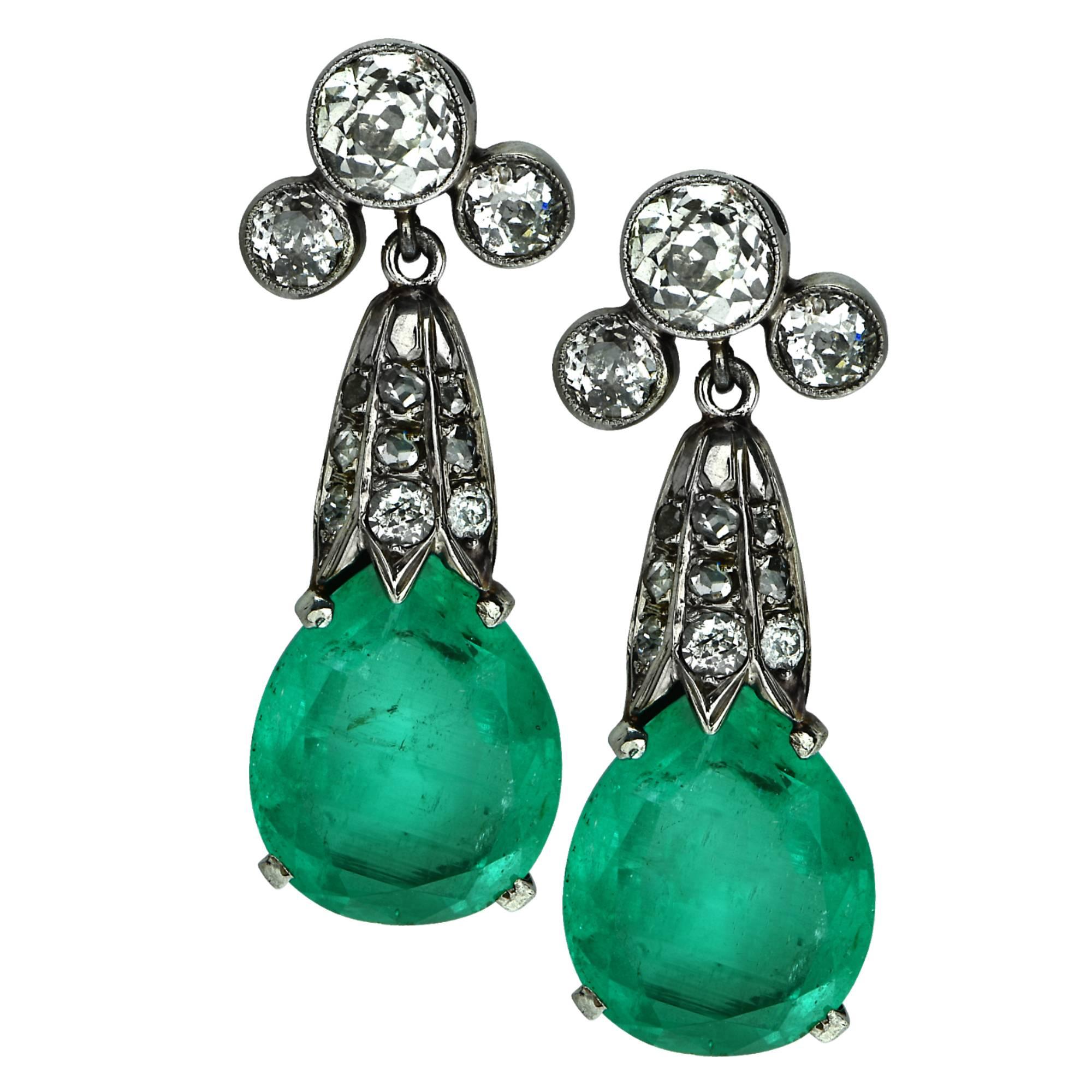 Mordern Edwardian Inspired Emerald and Diamond White Gold Earrings