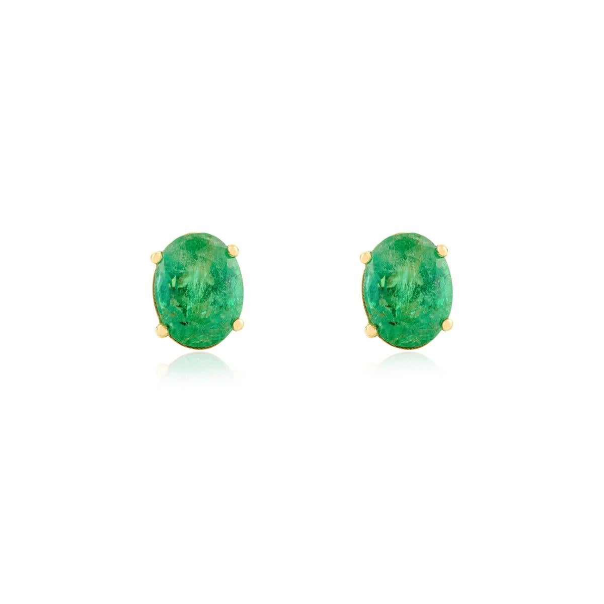 Clous d'oreilles de style Mordernist en or jaune massif 14 carats avec émeraude naturelle de Zambie de 2,41 carats en vente 1