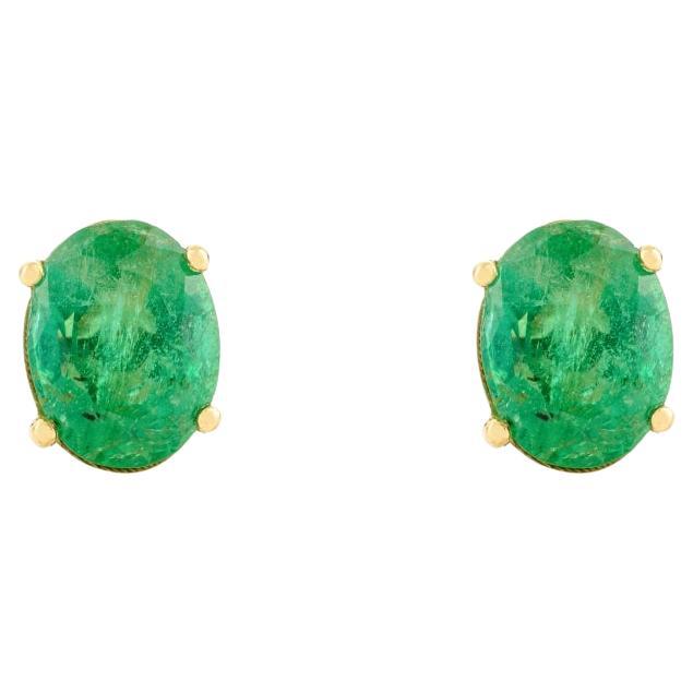 Mordernist 2.41 Ct Natural Zambian Emerald Stud Earrings 14k Solid Yellow Gold
