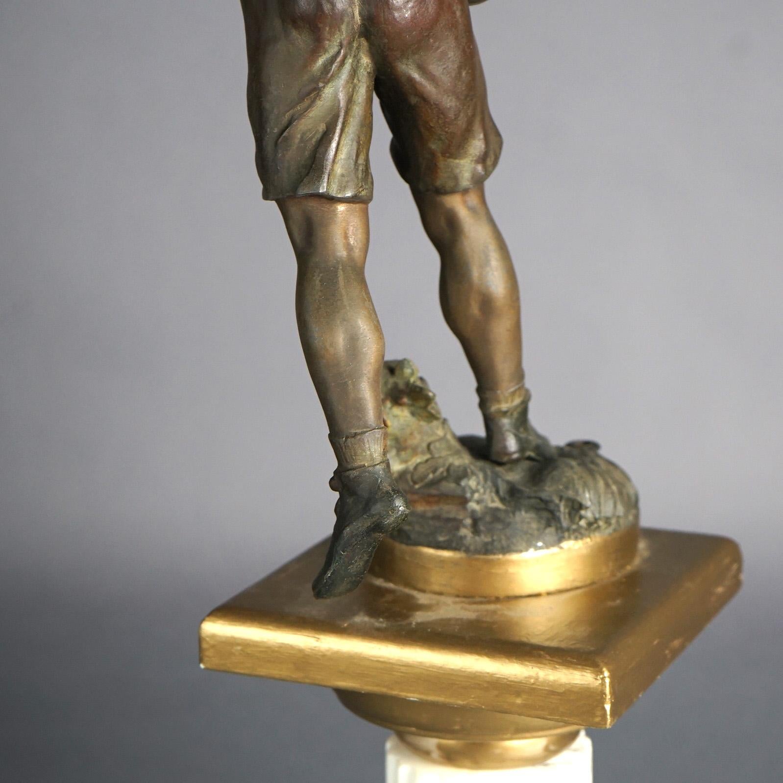 Moreau Bronzed Metal Foot Player Statue on Marble Fluted Column C1900 7