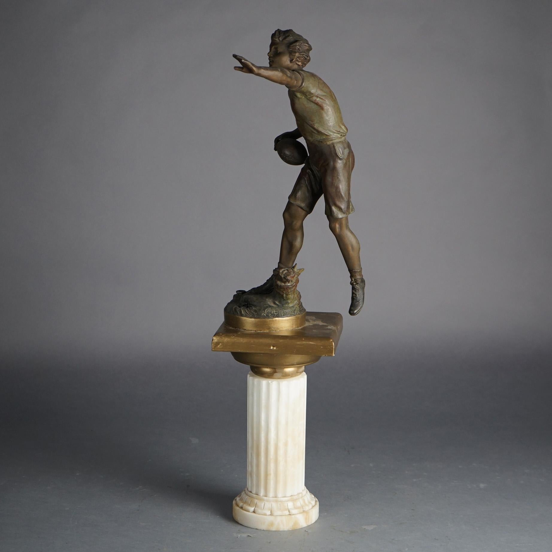 L & F Moreau Antike bronzierte Metall Fuß Spieler Statue auf Marmor geriffelte Säule C1900

Maße: 29''H x 11,75''B x 10''T